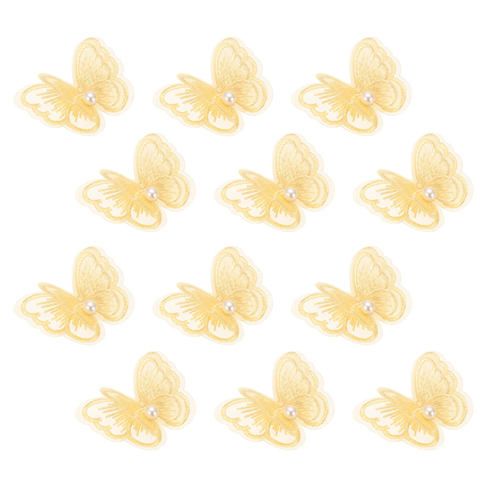 sourcing map Lace Organza Butterfly Patches, 1.8x1.6 in Embroidery Butterfly Sew Iron on Patch Badge Double Layer Organza Appliques with Bead for Bridal Wedding Dress Clothes, 12pcs, Yellow