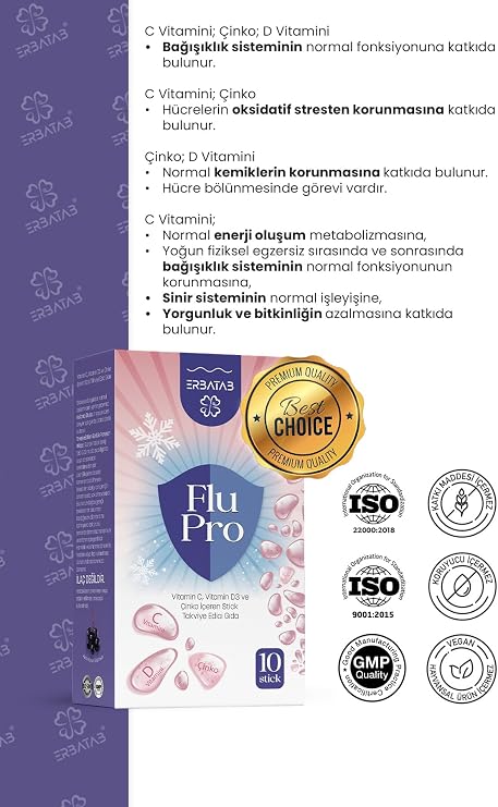 ERBATAB Flu-Pro Vitamin C 1000 mg D3 1000 IU Çinko 5 mg Karamürver Ekstresi 100 mg - 10 Saşe Stick Bağışıklık Takviye Edici Gıda
