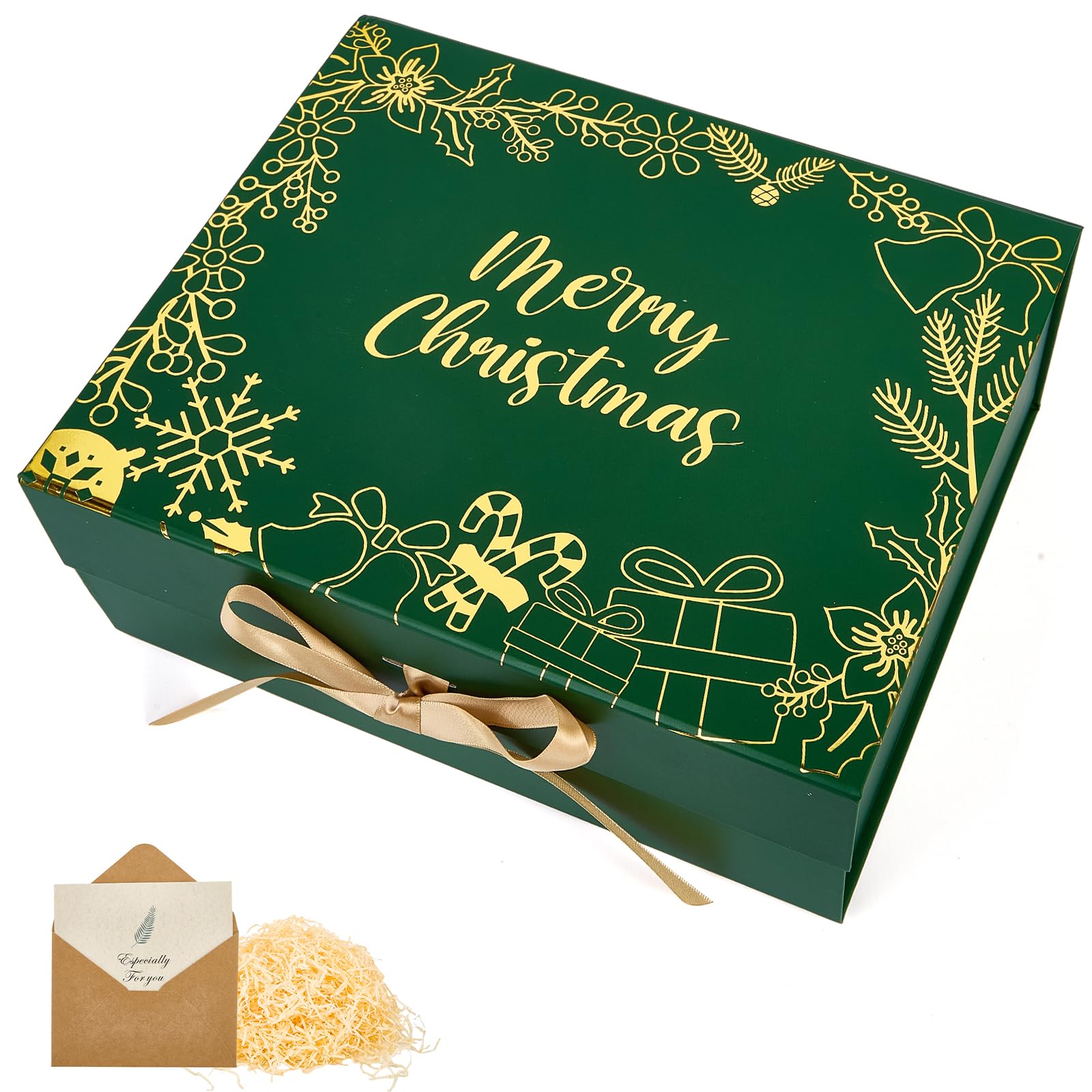 Hafuvool Large Gift Box Christmas for Presents, 33X27.5X12cm Gift Boxes with Magnetic Lids, Ribbon, Envelope and Shredded Paper, Empty Christmas Cardboard boxes for Xmas Party Gift Wrapping