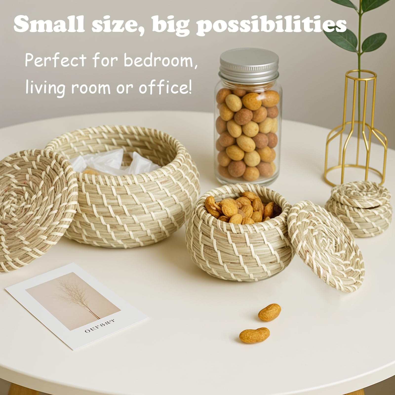 Set di 9 cestini rotondi in vimini intrecciato con coperchio, piccoli cestini in rattan fatti a mano per ufficio, camera da letto, soggiorno