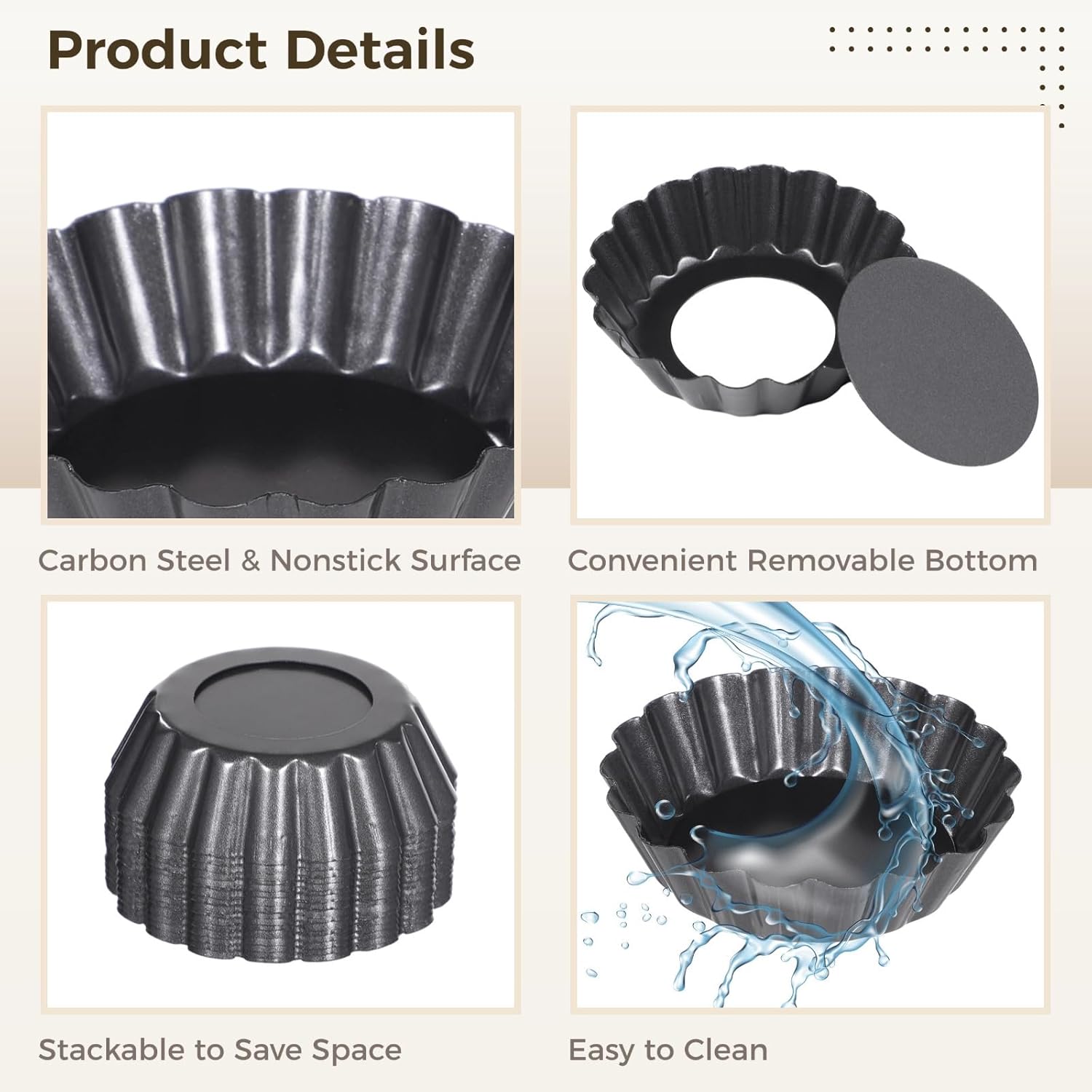 3 in 16 Removable Bottom Tart Pans, Mini Fluted Carbon Steel Nonstick Cake Molds, Flower Shape Pie Pans, Baking Cups for Tarts, Mini Quiche, Pudding, Brownies