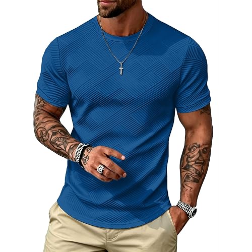 UOUA Men's Crewneck Sweatshirts Soild Color Geometric Texture T Shirts Short Sleeve Casual Pullover Shirt