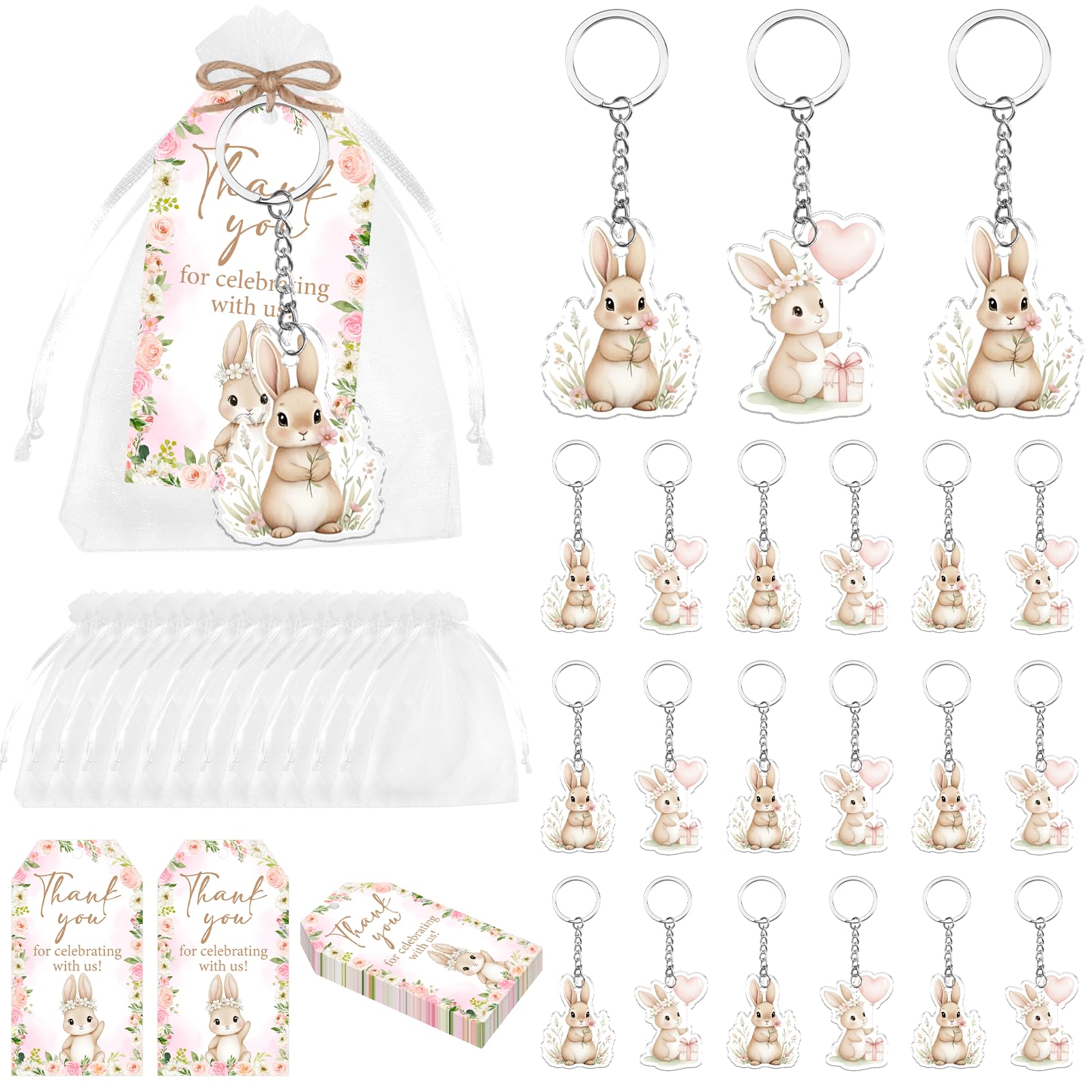 Photo 1 of Serencatcher 24 Sets Rabbit Bunny Party Favors, Pink Floral Bunny Acrylic Keychains Thank You Tags Organza Bags for Girls Easter Rabbit Birthday Baby Shower Party Decorations Supplies