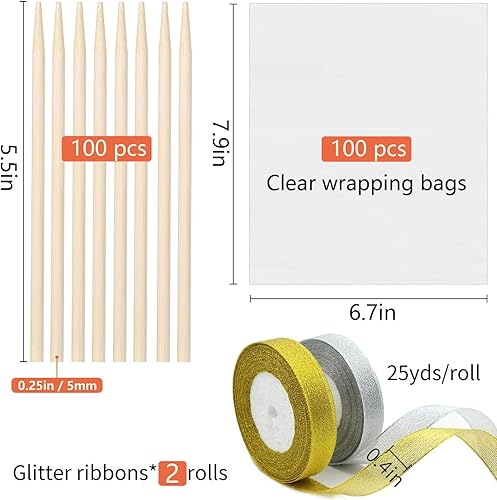Miniatura 2 de YESTOO Paquete de 200 palitos y bolsas de manzana, caramelo de manzana, 100 bolsas, 100 palitos, 50 yardas de cinta dorada y plateada con purpurina