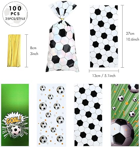 Miniatura 6 de Kesote Bolsas de celofán de fútbol, 100 piezas de bolsas de dulces de regalo de fútbol con lazos para fiesta de cumpleaños de fútbol