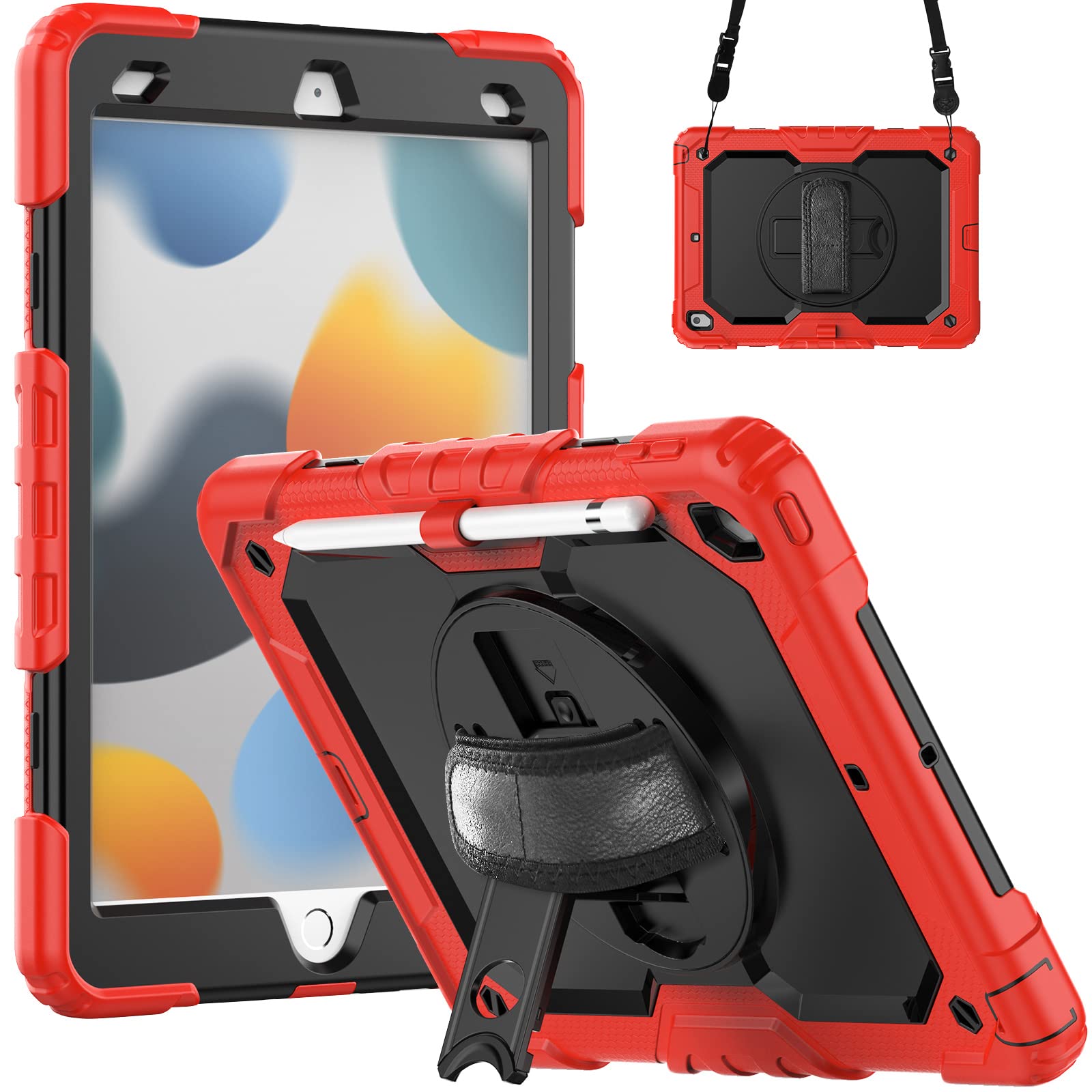Custodia per iPad 9a/8a/7a generazione, per iPad 10,2 pollici 2021/2020/2019, custodia girevole a 360 gradi + supporto + tracolla, custodia robusta protettiva antiurto a doppio strato, viola