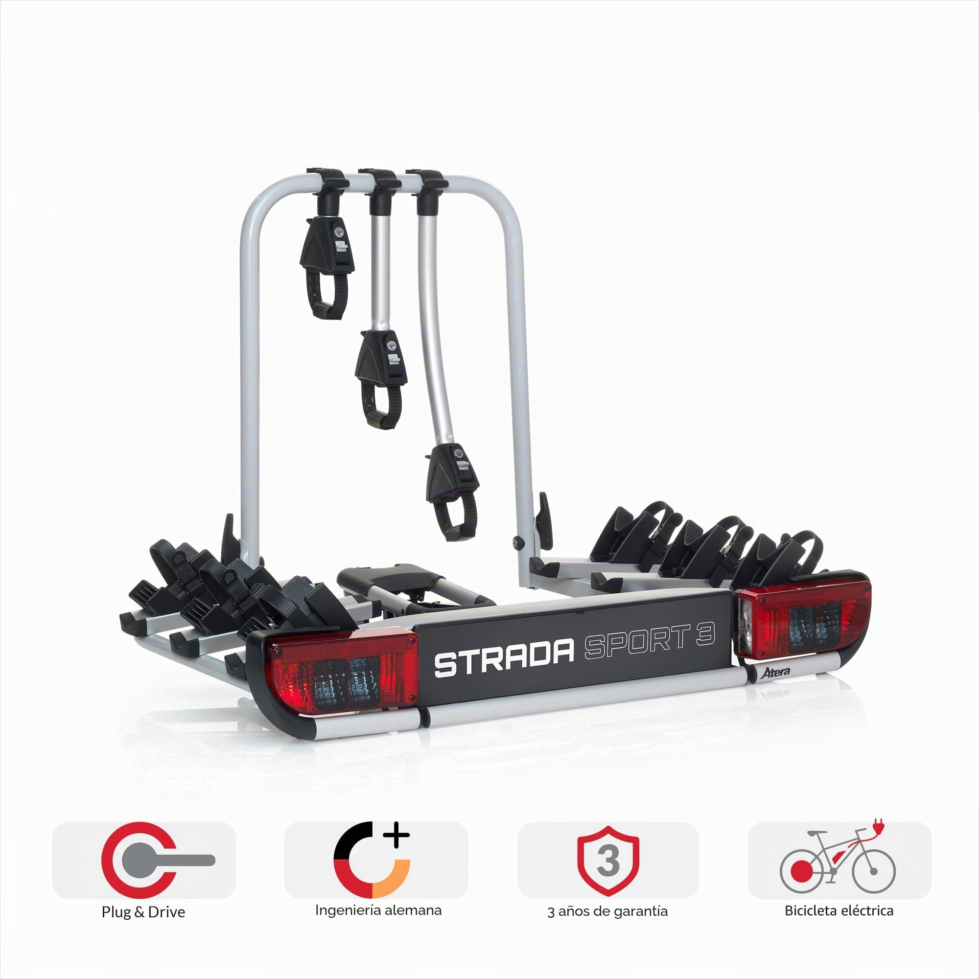 Atera 022695 Portabicicletas para coche Strada Sport 3, portabicicletas para enganche de coche con luces - para 3 bicicletas - Black Edition