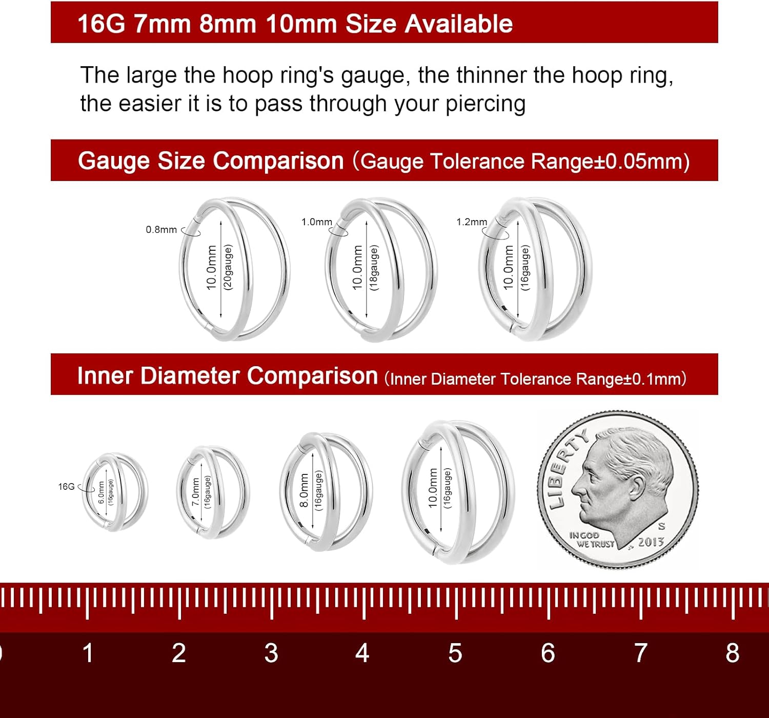 Titanium Double Hoop Nose Ring 16G 18G 20G Seamless Hinged Septum Rings 6mm 7mm 8mm 10mm Conch Piercing Jewelry Silver Segment Clicker Lip Rings Cartilage Earring Helix Rook Tragus - Image 3