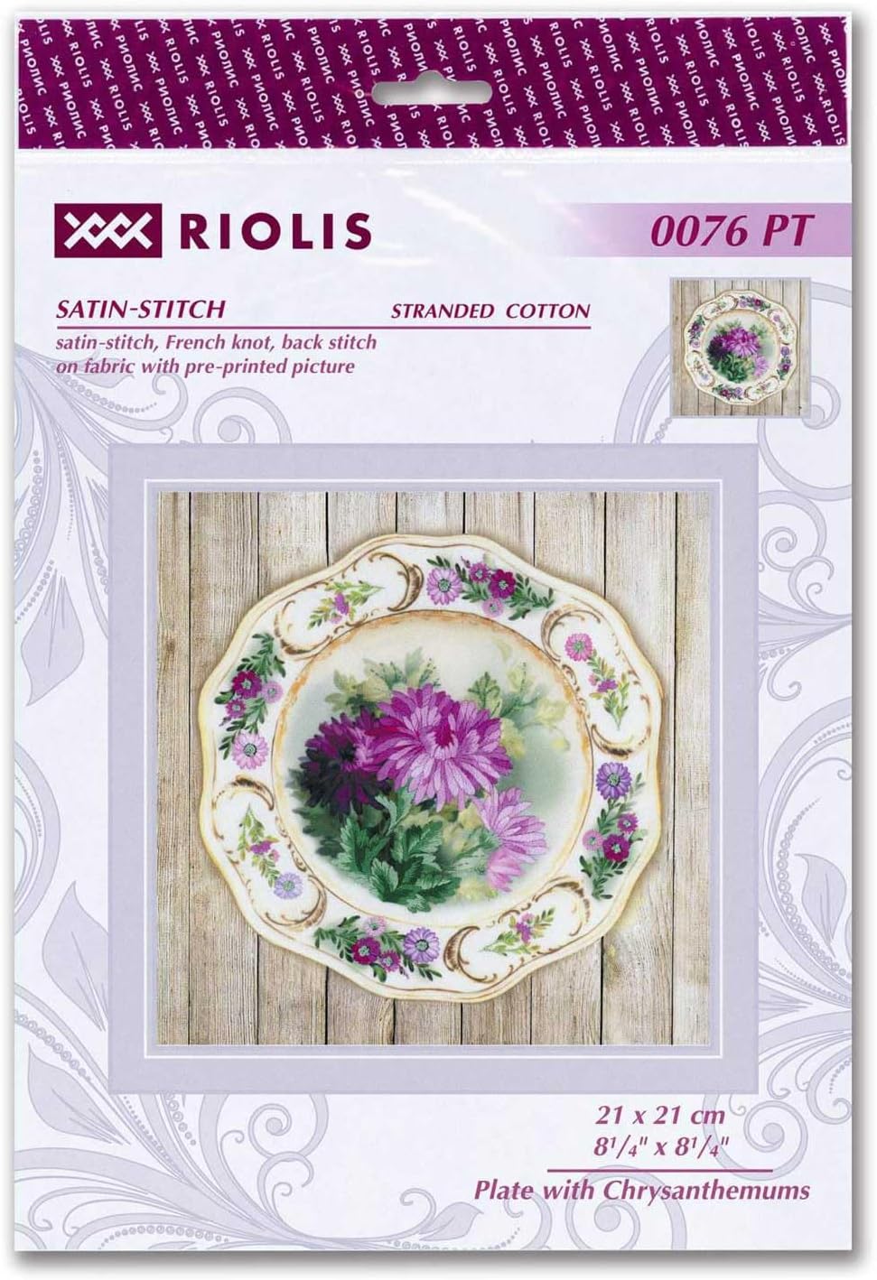 RIOLIS Plate with Chrysanthemums. Satin Counted Cross Stitch Kit 8¼" x 8¼ Fabriс with Pre-printed Picture 8 Colors, Multicolor