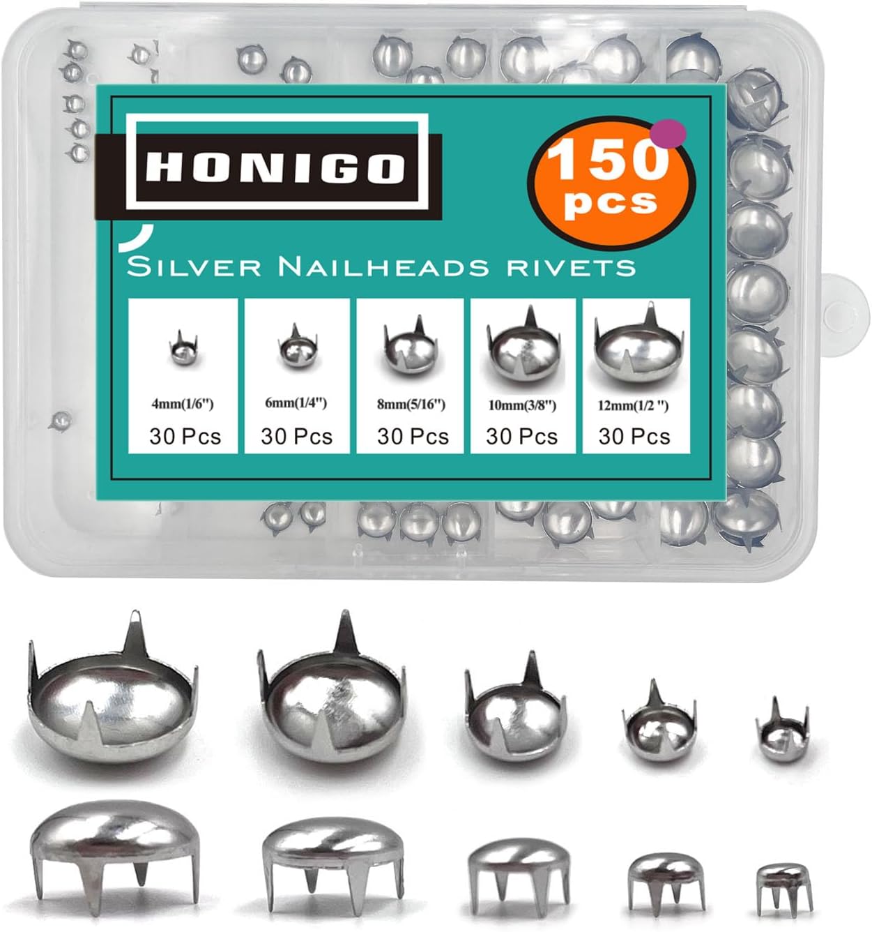 Honigo 150pcs Nailheads Round Dome Studs Rivets Silver Metal Solid Brass 4/6/8/10/12mm 4 Prongs Spikes Spots for Leather Craft Clothes Belt Bag Shoes Decorations Totes DIY Craft
