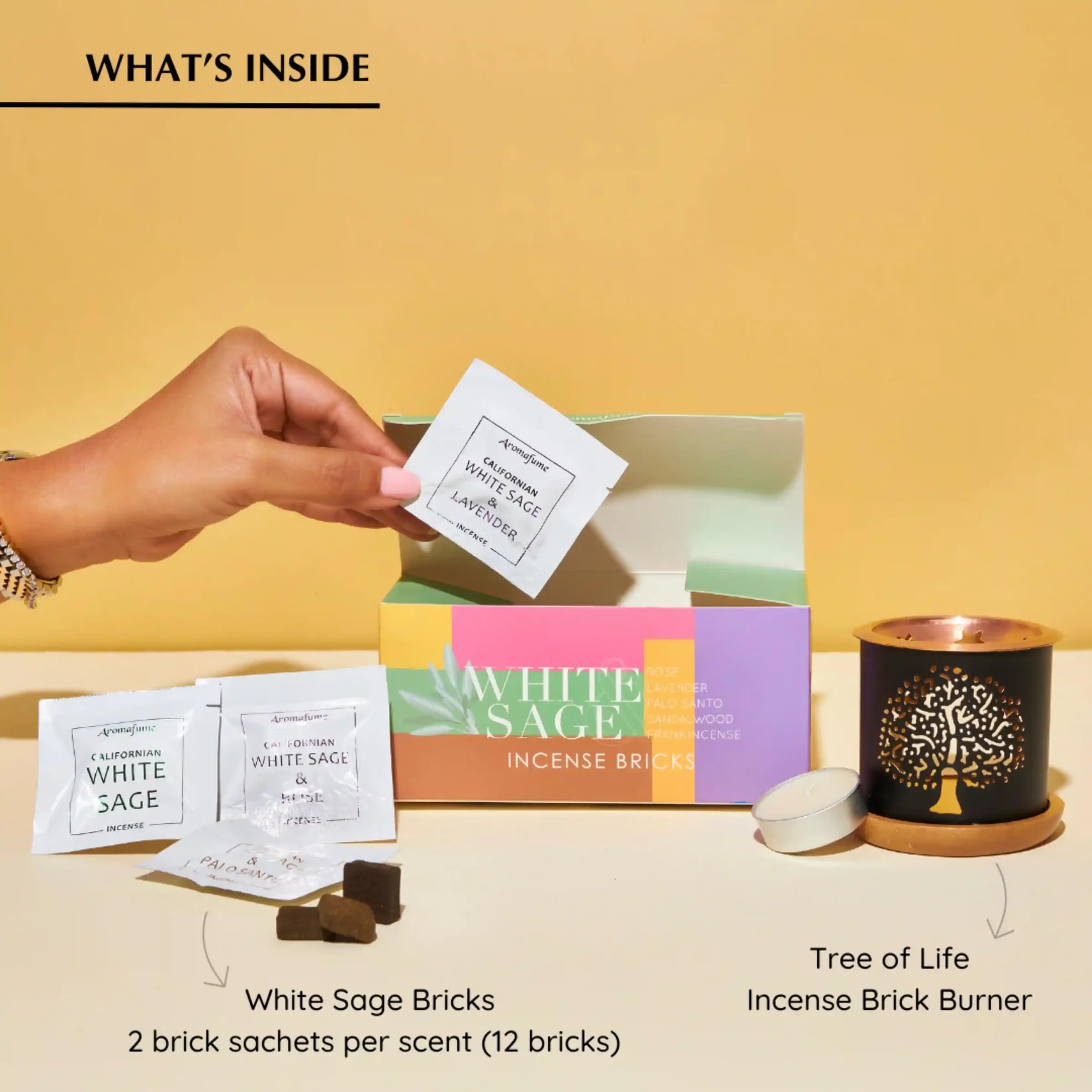 Juego de regalo de ladrillo de incienso sin humo de salvia blanca y quemador de árbol de la vida Aromafume | 12 ladrillos | Salvia blanca con rosa, lavanda, palo santo, sándalo, incienso | salvia para limpieza, manchas sin humo