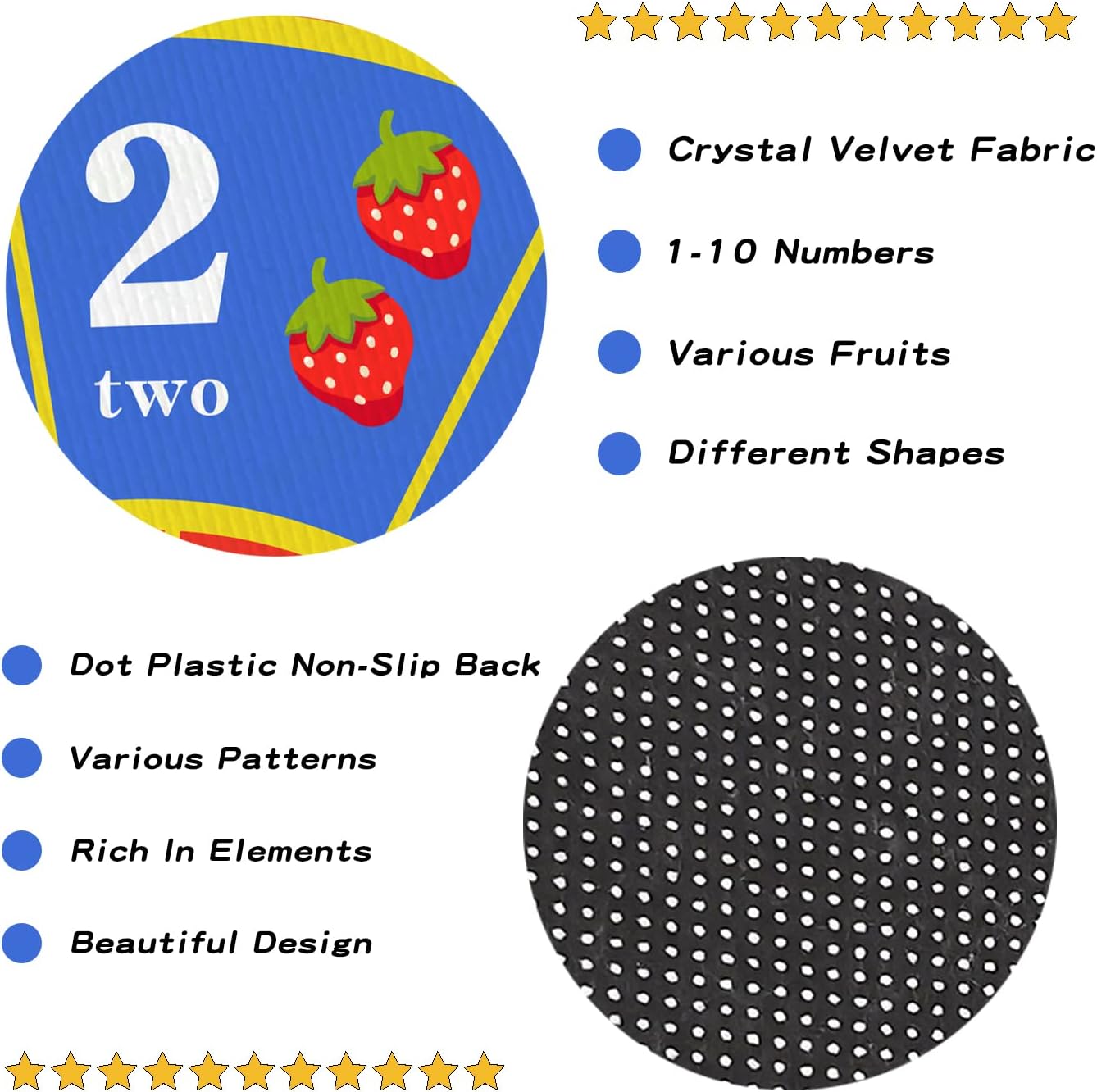 ABC Kids Play Round Rug - Number Alphabet Shape Fruit Learning Educational Area Rug - Large Non-Slip Kids Room Play Mat (Round, 6.6 ft)
