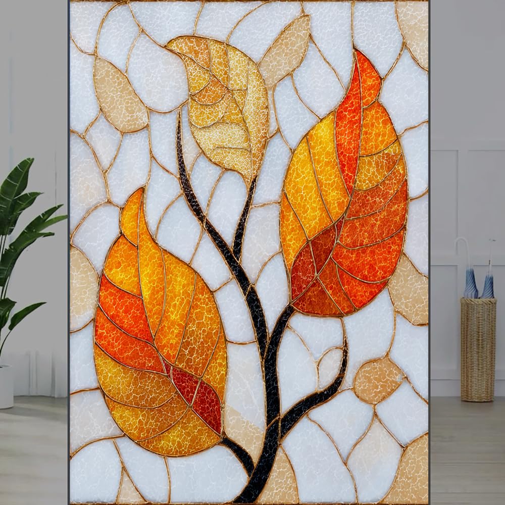 FOCCAFB Retro Plants Stained Glass Window Film, Golden Texture Branch Leaf Peel and Stick Privacy Film, Frosted Adhesive Vinyl Decorative for Bathroom Windows Glass Doors, （80x140cm）