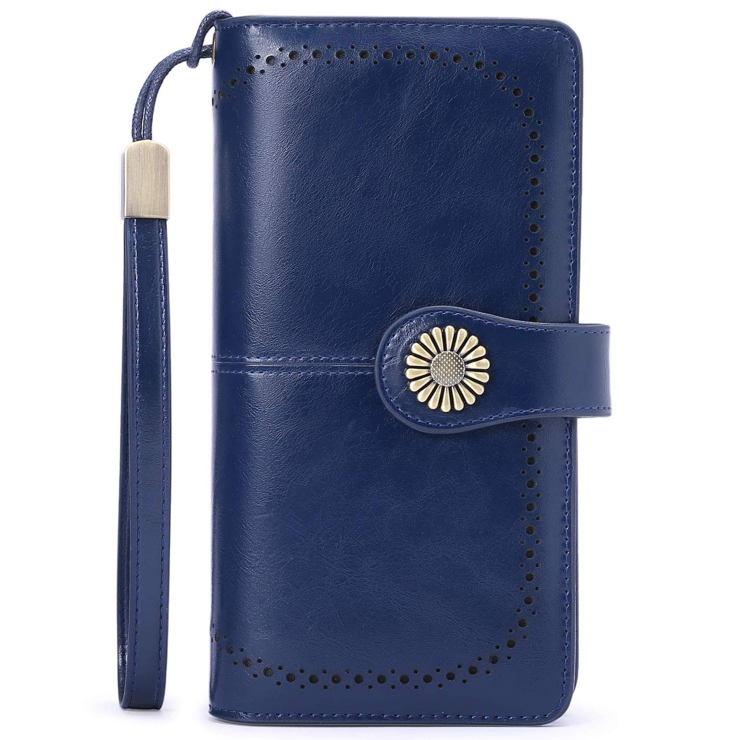 KELEEL Women's RFID Blocking Wallet Genuine Leather Clutch Wallet Card Holder Organizer Ladies Purse (Dark Blue)