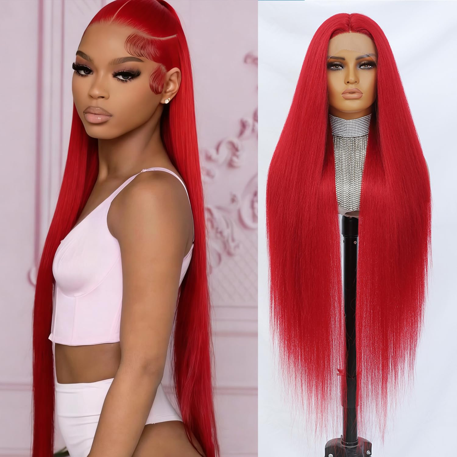 Felek 40 Inch Red Straight 13x6 Lace Front Wigs Super Long Synthetic Pre-plucked Lace Wigs Wear and Go Glueless HD Lace Frontal Wig For Fashion Women/Girls (13x6 Lace Red)
