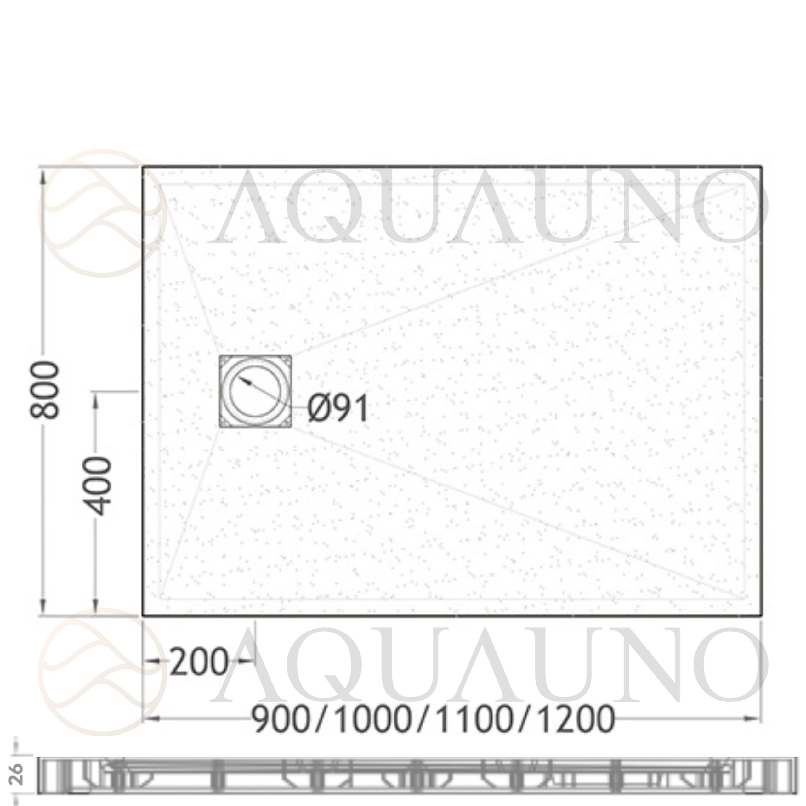 AQUAUNO Brodzik prysznicowy 120 x 80 cm o wyglądzie kamienia, ultra płaski 2,6 cm – brodzik z kompozytu SMC, w zestawie syfon, odpływ 90 mm, czyszczenie od góry, biały