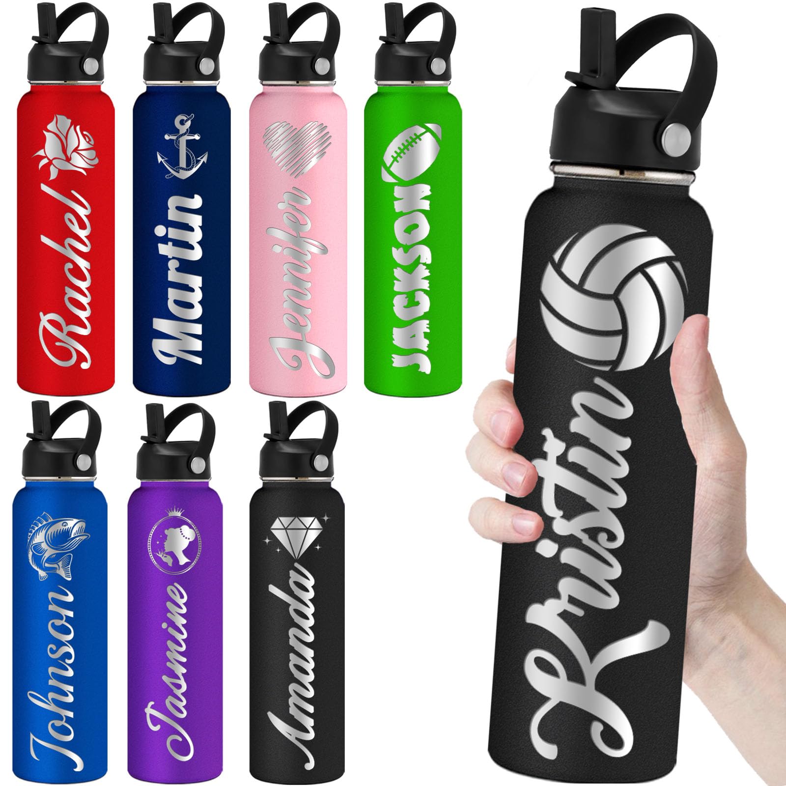 kioskbanks Personalized Water Bottles with Straw 24oz Custom Engraved Water Bottle for School Customized Name Double Wall Insulated-Black — image 1