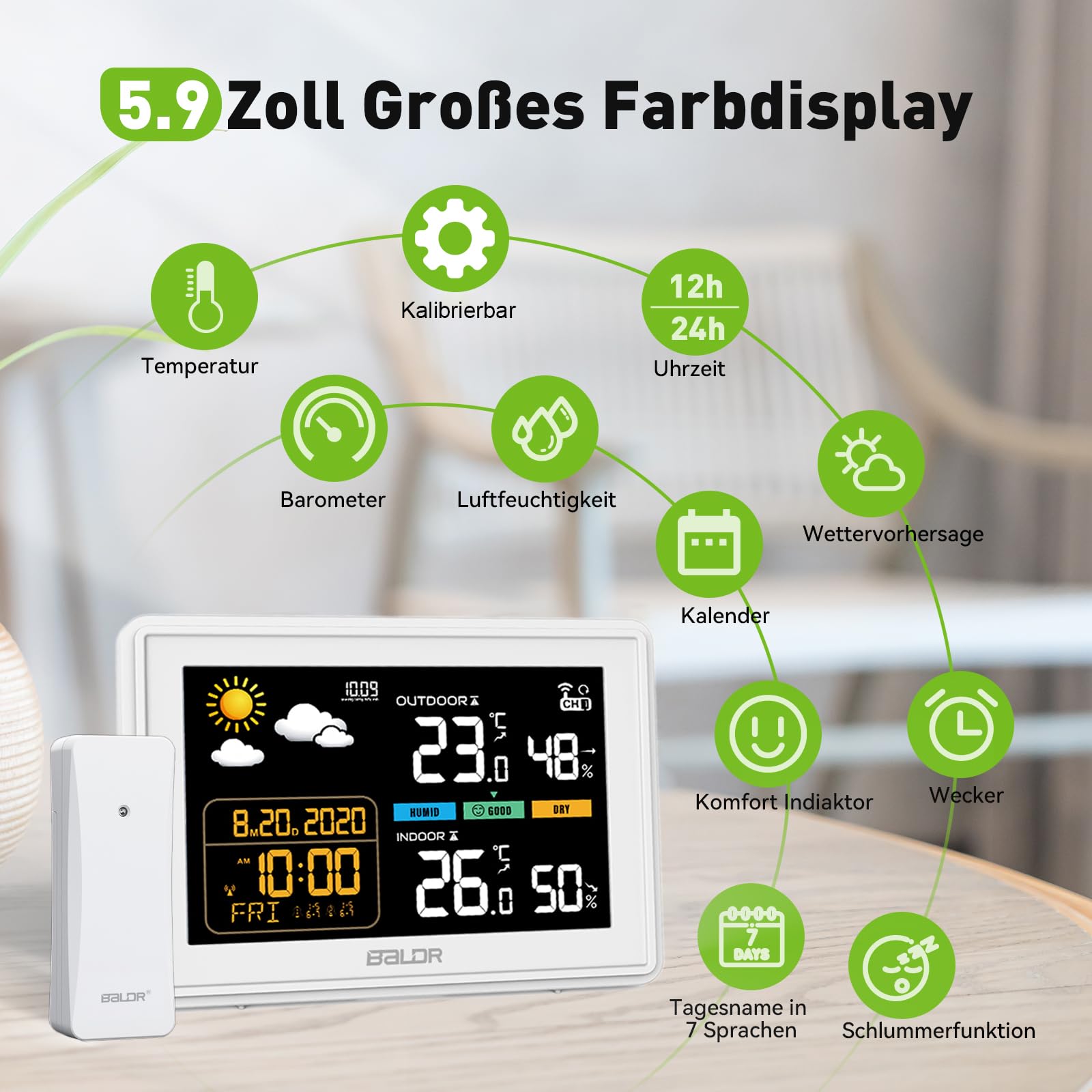 Konsen Draadloos weerstation met buitensensor, DCF-klok, groot kleurendisplay met binnen- en buitentemperatuur/-luchtvochtigheid, dimbare verlichting, weersvoorspelling, luchtdrukweergave