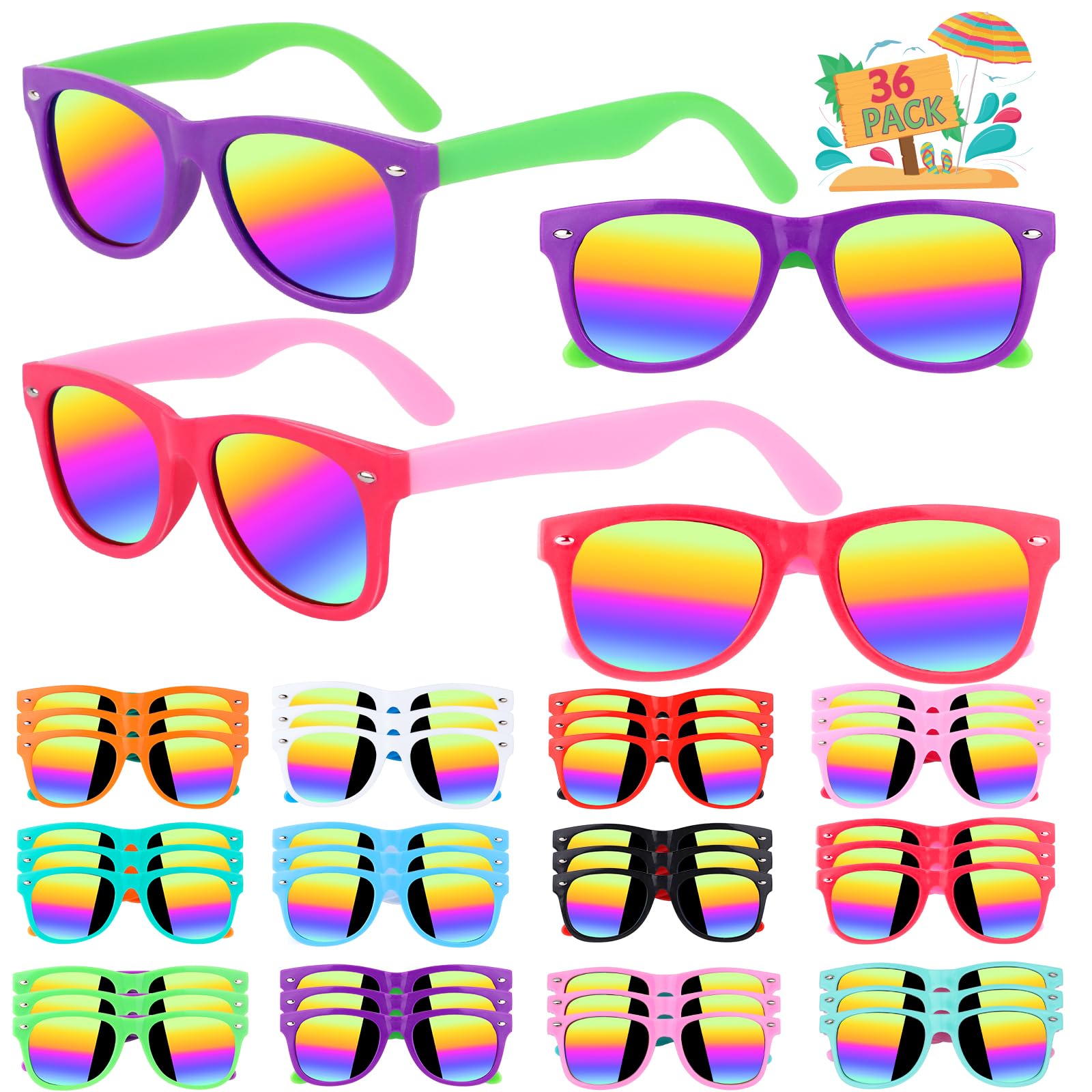 Magic4U Kids Sunglasses Bulk, 36 Pack Kids Neon Sunglasses Party Favors with UV400 Proctection, 80s 90s Retro Sunglasses for Boys Girls Age 3-8, Beach Pool Birthday Party Supplies Gifts.