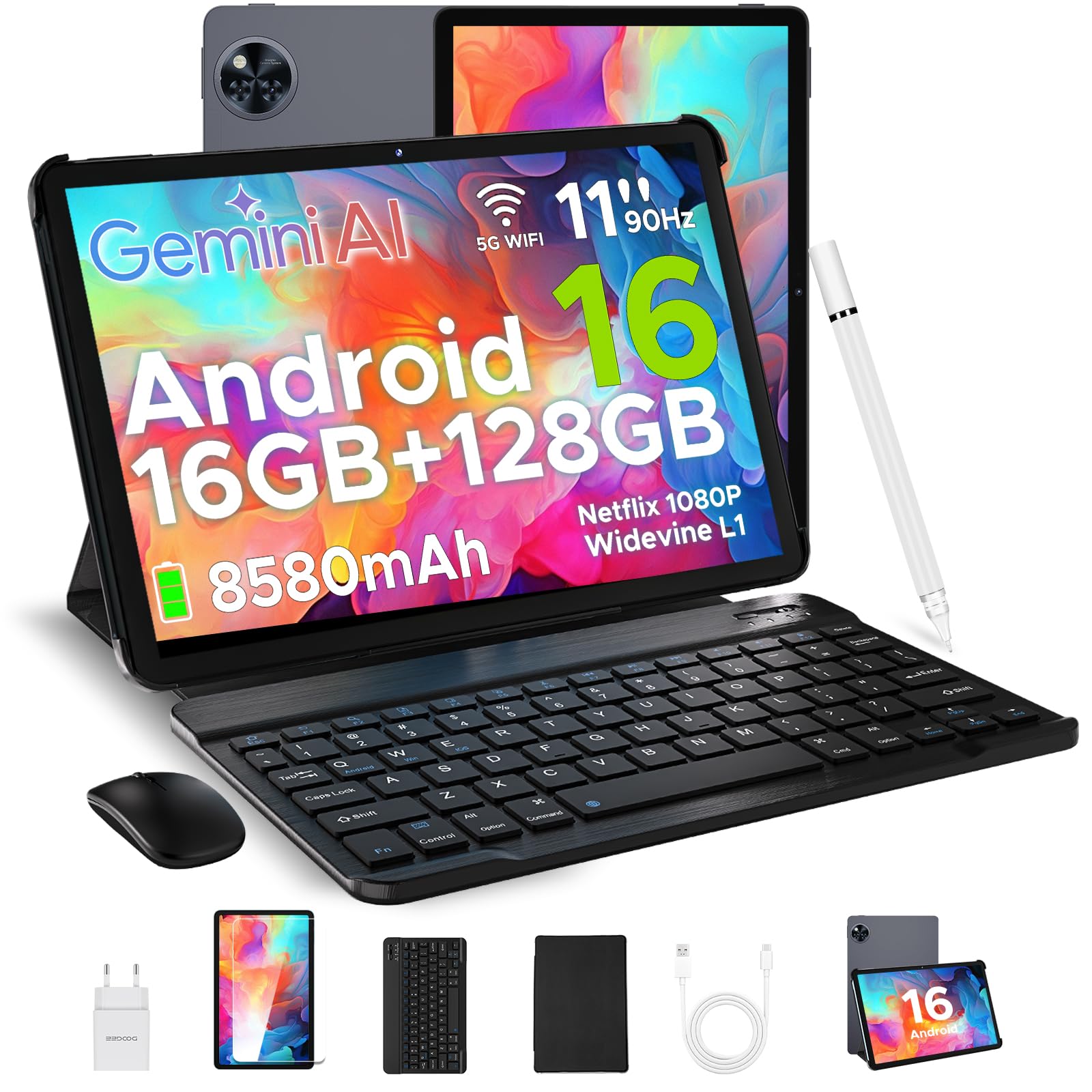 U11 Android 16 Tablet 11 Pulgadas Gemini AI, 16GB RAM+128GB ROM/2TB TF, 8580mAh, Tablet con Teclado, Lápiz, Unisoc T7200 Octa-Core，90Hz, 13MP+5MP/WiFi 5G/Face ID/Widevine L1/GMS/GPS/OTG/Audio 3.5mm