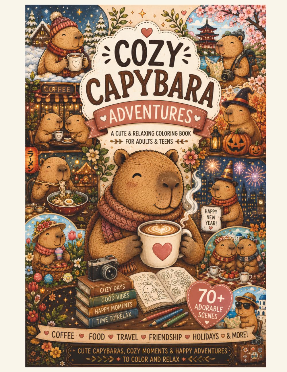 COZY CAPYBARA ADVENTURES: Cute & Relaxing Coloring Book for Adults & Teens