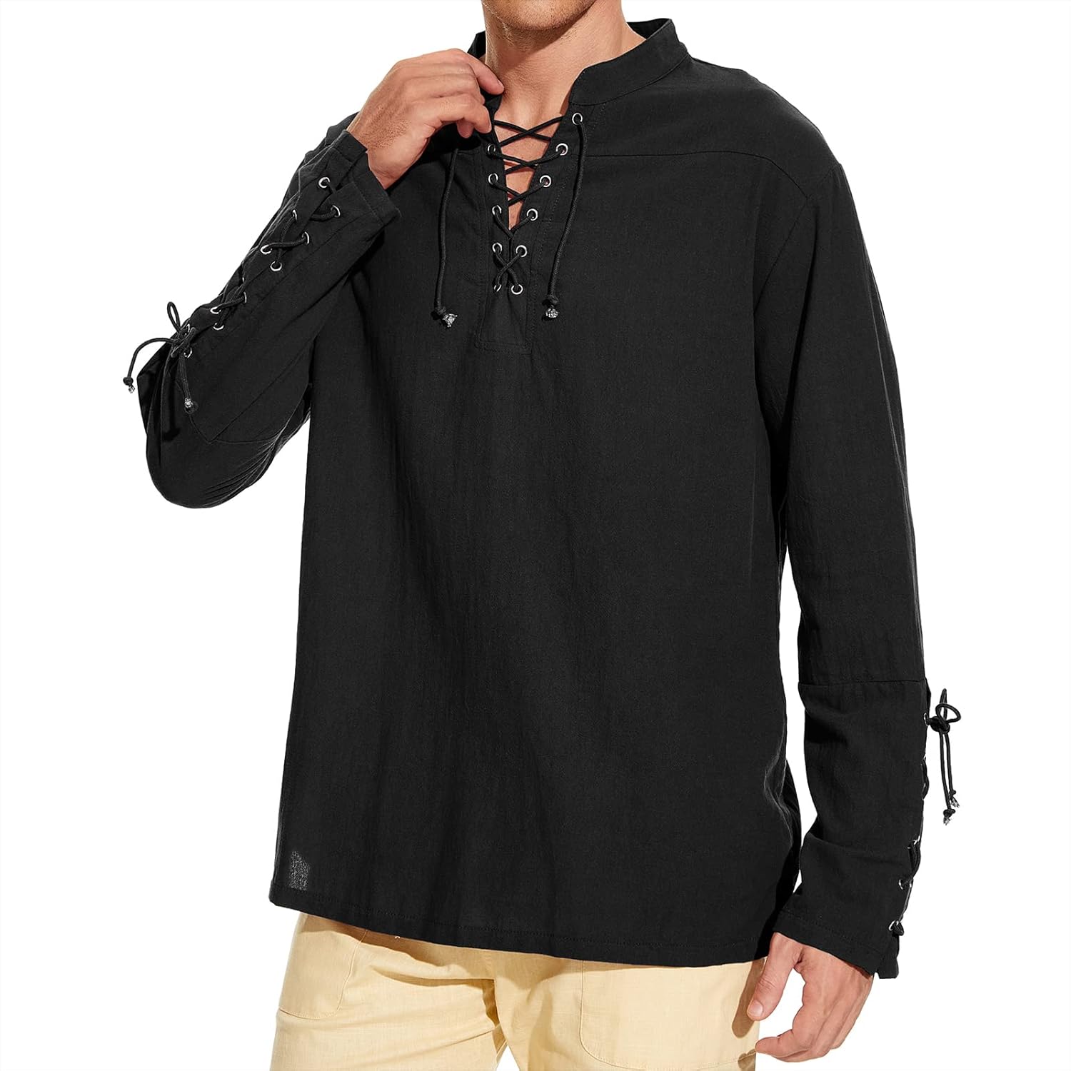 Men's Pirate Shirt Medieval Renaissance Steampunk Retro Long Sleeve Lace up T Shirt Viking Gothic Halloween Costume Top - Image 6