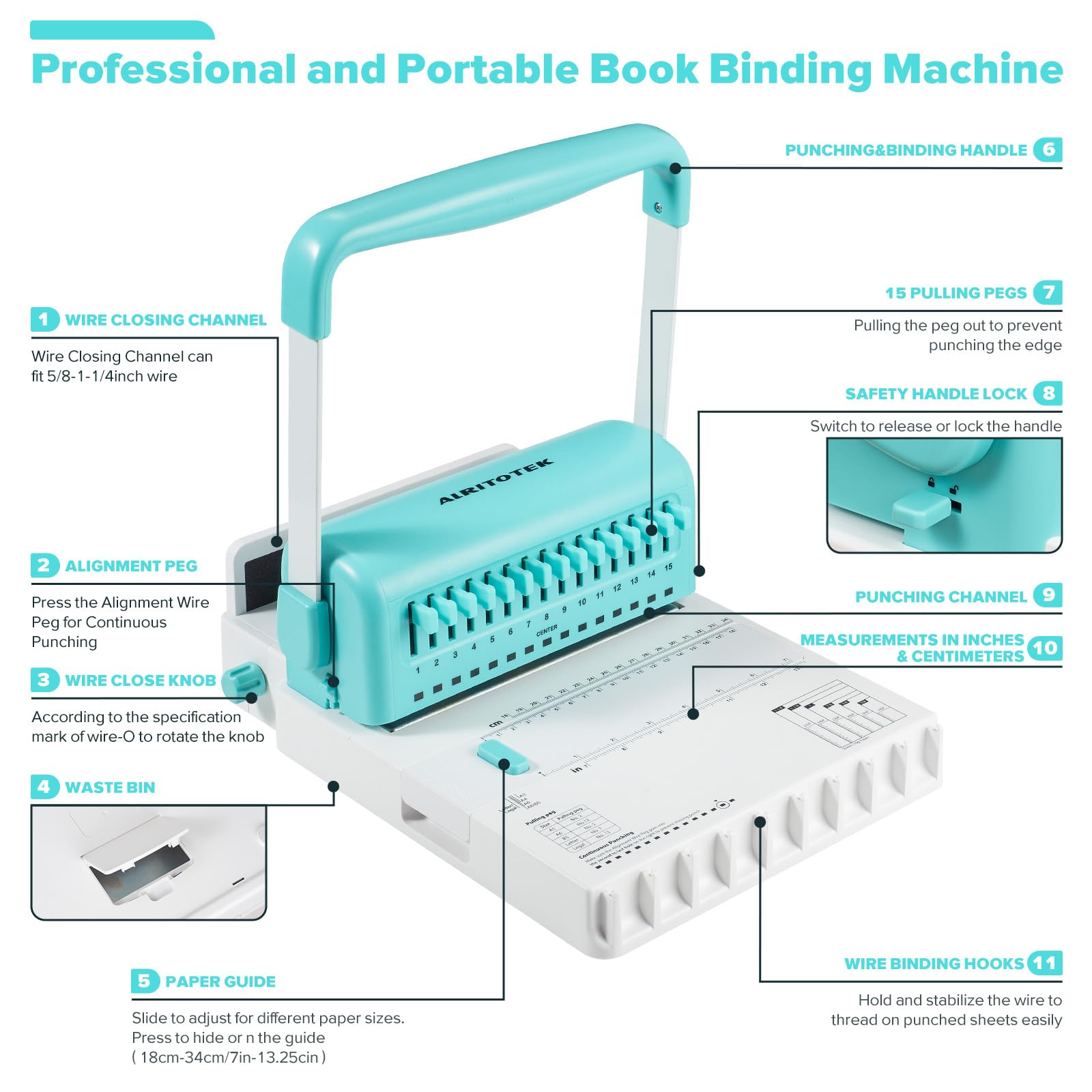 Rilegatrice professionale passo 2:1 con 15 fustelle disinnestabili, capacità perforatrice da 20 a 25 fogli, kit di rilegatura portatile con 10 fili da 1,6 cm, perfetta per quaderni, riviste, album e