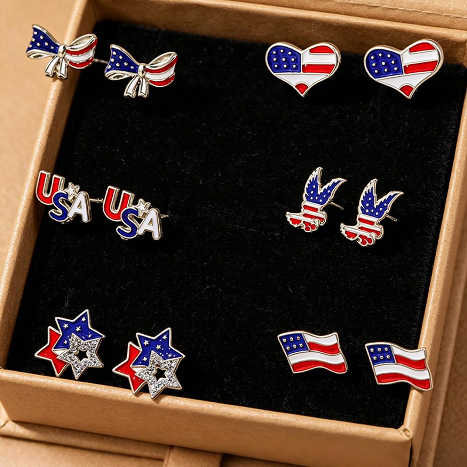 4th of July Patriotic Stud Earrings Set For Women 6 Pairs American Flag Design Earrings With Bow Heart Star Eagle USA Letter And Flag Shape Lightweight Independence Day Holiday Jewelry Gifts For Party Daily Wear