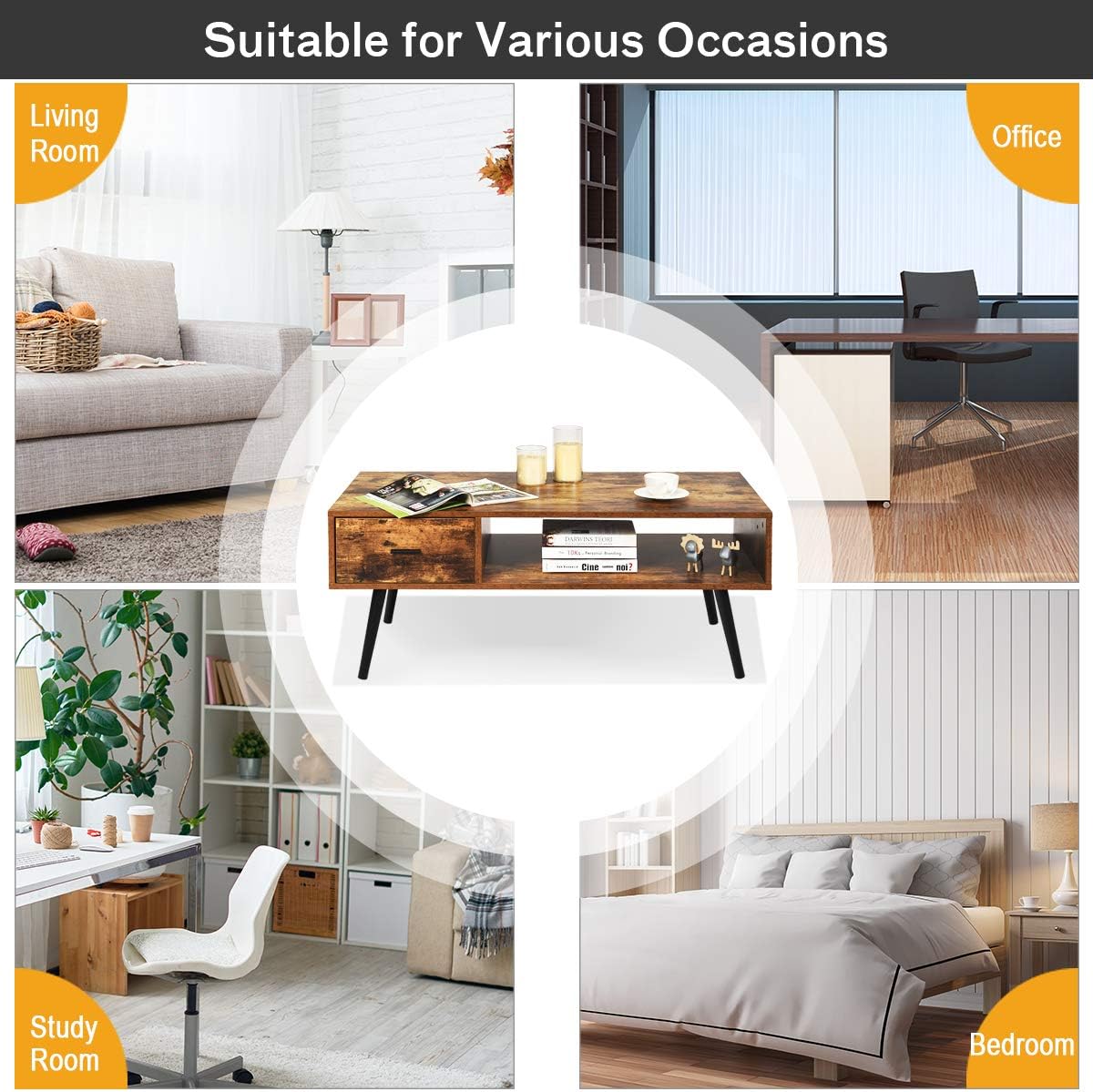 Giantex Rectangular Coffee Table, Mid-Century TV Stand w/ 1 Drawer and Open Storage Shelf for Living Room, Reception Room, Accent Sofa Cocktail Table, 43" L x 21.5" W x 17.5" H (Rustic Brown)