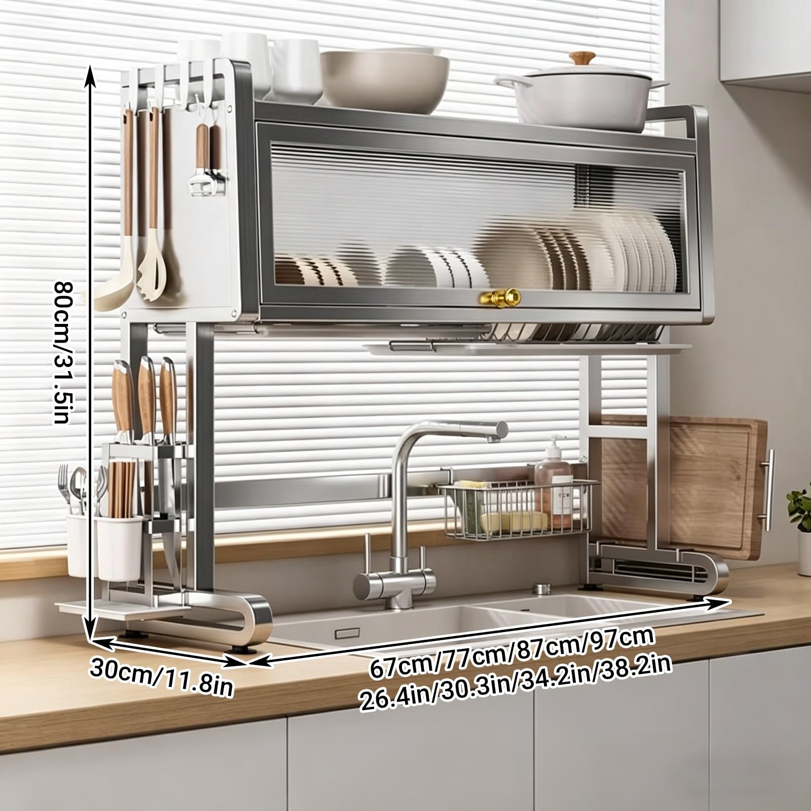 Escurridor de platos de acero inoxidable para colgar sobre el fregadero, almacenamiento de cocina con puertas de armario, soporte para cubiertos, organización para platos y vasos, práctico ahorro de