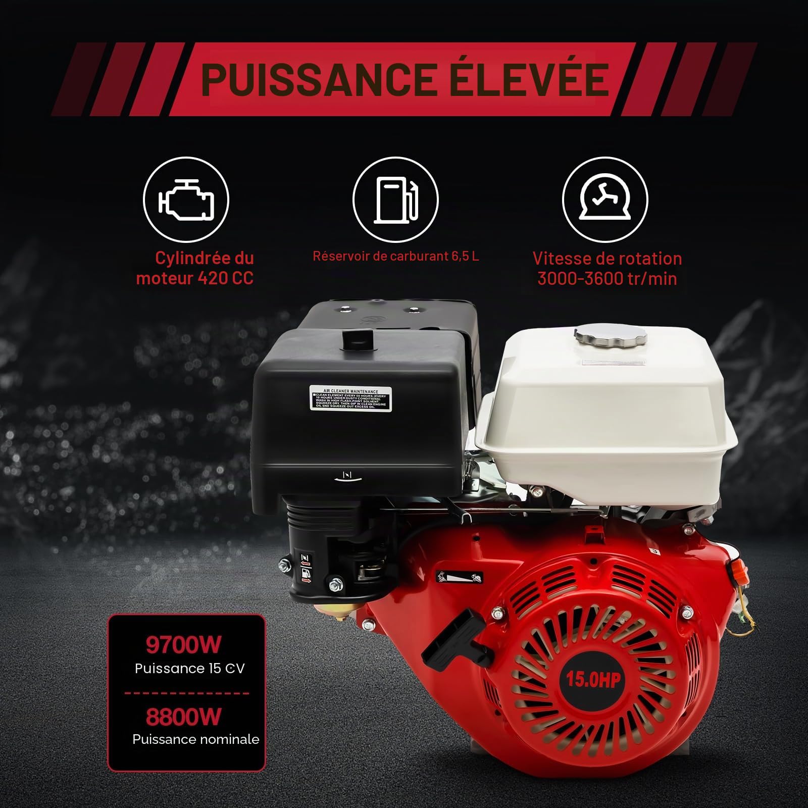 Moteur à essence 4 temps 15 CV 420 cm3 Moteur monocylindre OHV Moteur industriel pour pompes à eau, mini-motos, tondeuses à gazon, fendeur de bois