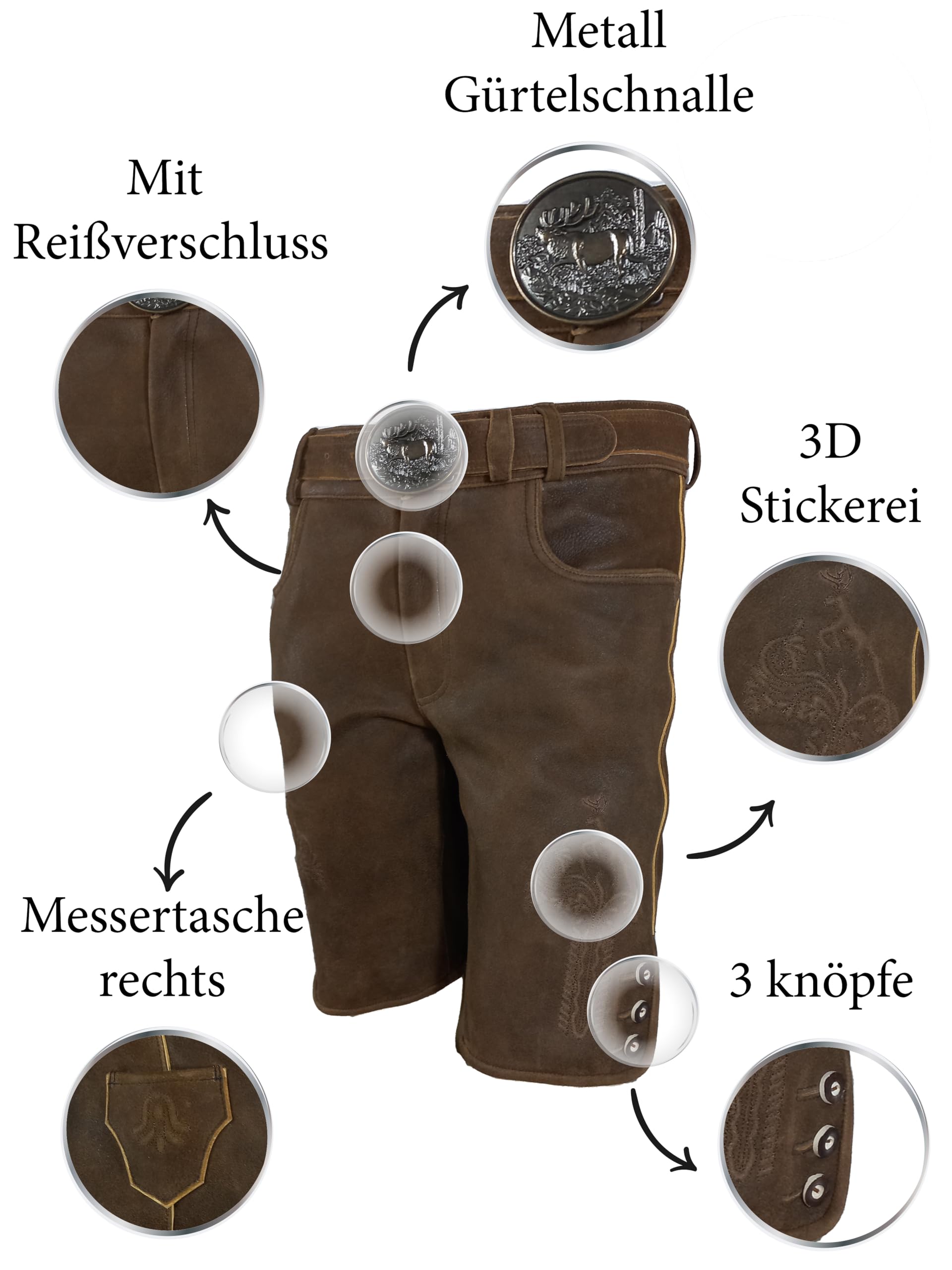 Kurze Herren Trachten Lederhose mit Gürtel, speckig Antik-Patina, Wildbockleder, Jäger