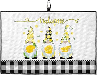 OComster Rustic Gnomes Lemon Golf Towel with Carabiner Clip, Farm Buffalo Plaid Black Checkered Microfiber Waffle Pattern Golf Towel, Golf Accessories for Cleaning Clubs and Balls, 24x16 in
