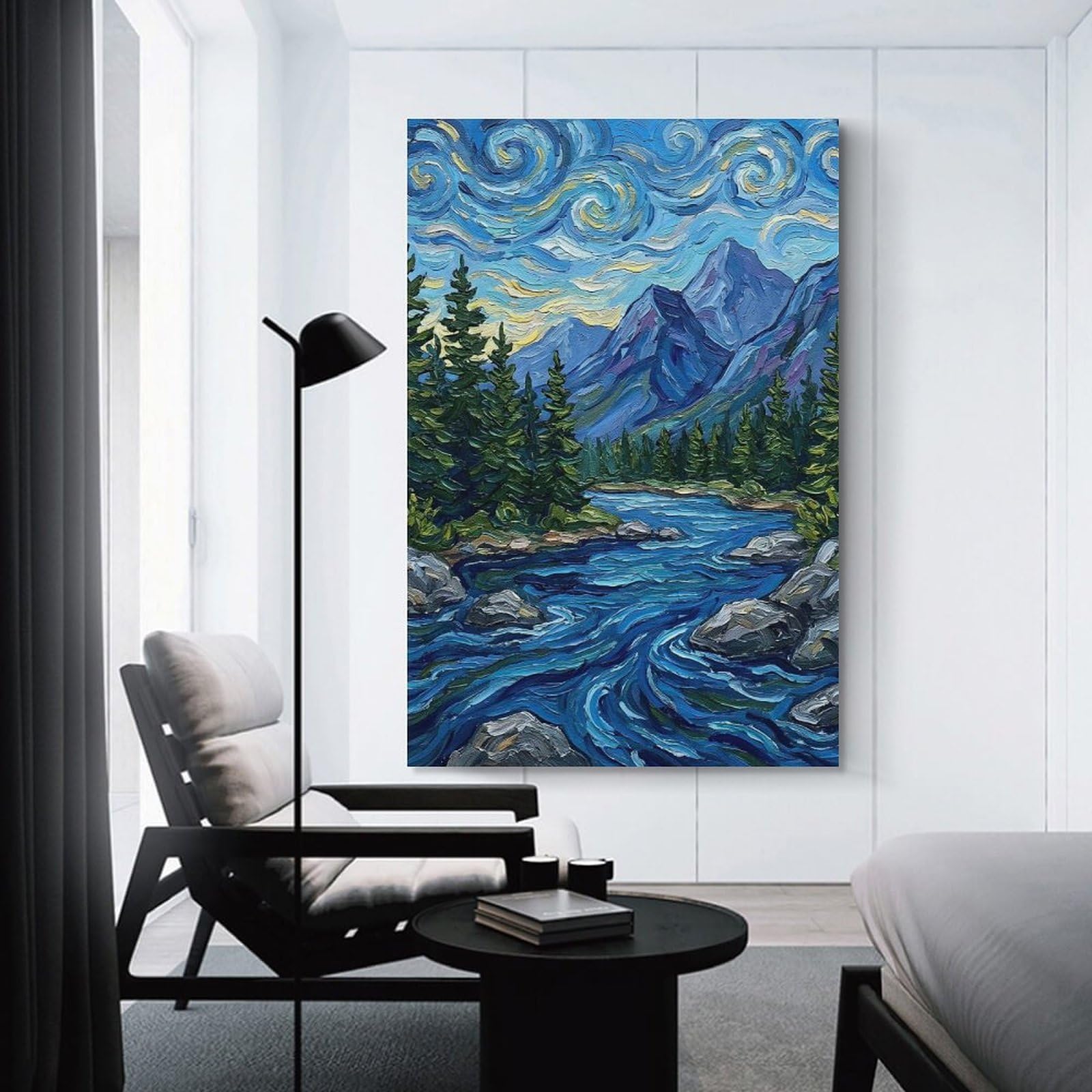 Junmoney Mountain River Landscape Painting Canvas Wall Art, 24x36inch(60x90cm), for Living Room, Bedroom, Office Or Hallway, Versatile Wall Decor for Many Rooms