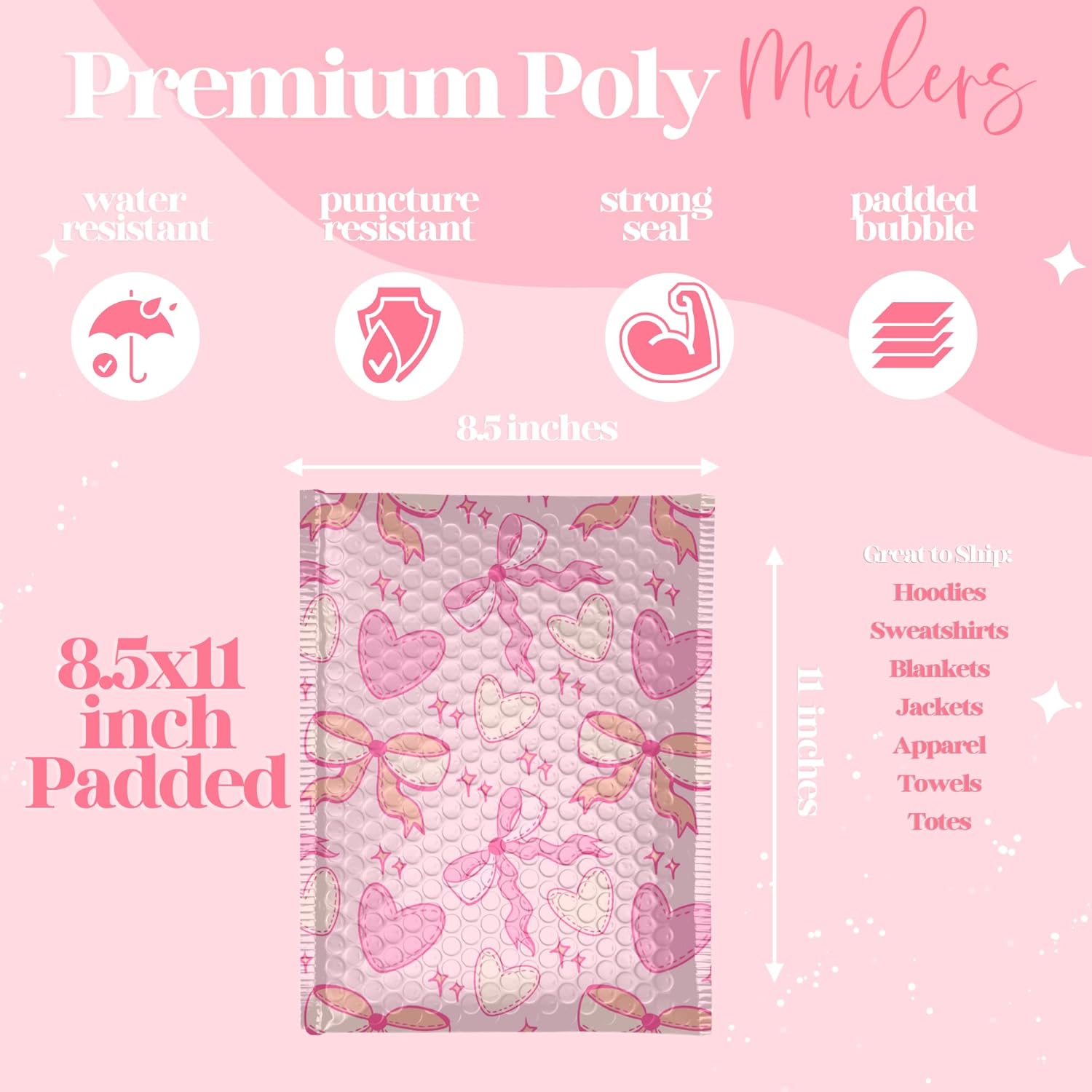 6x9 Designer Bubble Poly Mailer 50 Pack Heavy Duty Waterproof Self Seal Shipping Bags for Small Business Large Mailing Envelopes Bulk Tear Resistant Padded Pink Coquette Bubble Mailer