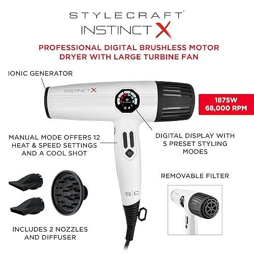 Miniatura 2 de StyleCraft Secador de pelo profesional Instinct-X con motor sin escobillas y pantalla digital, secadora ligera salvia, JetLiner x Silver Bullet con
