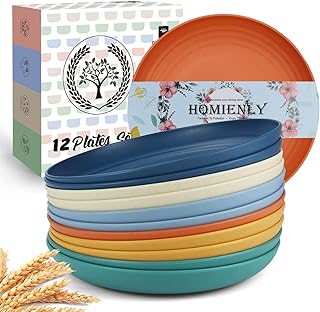 Homienly Wheat Straw Plates, 12-Pieces Unbreakable Dinner Plates - 9 Inch Alternative to Plastic Plates, Unbreakable Microwave and Dishwasher Safe Plate Set for Kitchen, Camping, Party - Multi