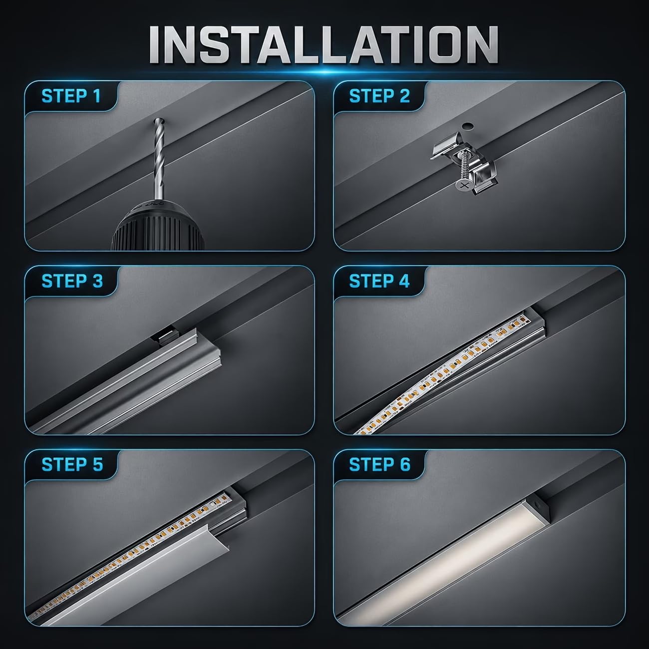 6 x LED Profile for Strips 2 m (12 m), LED Aluminium Rail for Drywall, Suitable for Strips up to 12 mm Width, Dimensions: 17.4 x 7 mm, Installation for Tiles, Plasterboard, Wood Panels