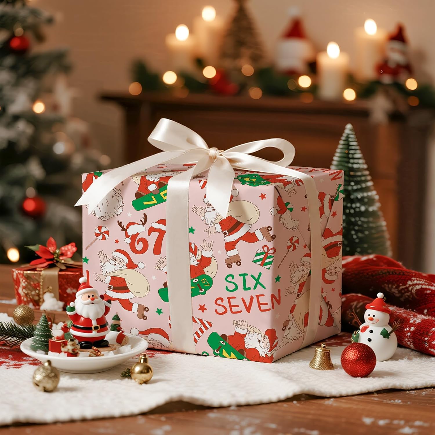 RUSPEPA Funny 67 Christmas Wrapping Paper Roll, Mini Roll, Pink Santa Claus Snowboarding & SIX SEVEN Design, Fun Meme Christmas Gift Wrap for Teens Kids Adults, Holiday Party, 17 Inches x 16.4 Feet image 4