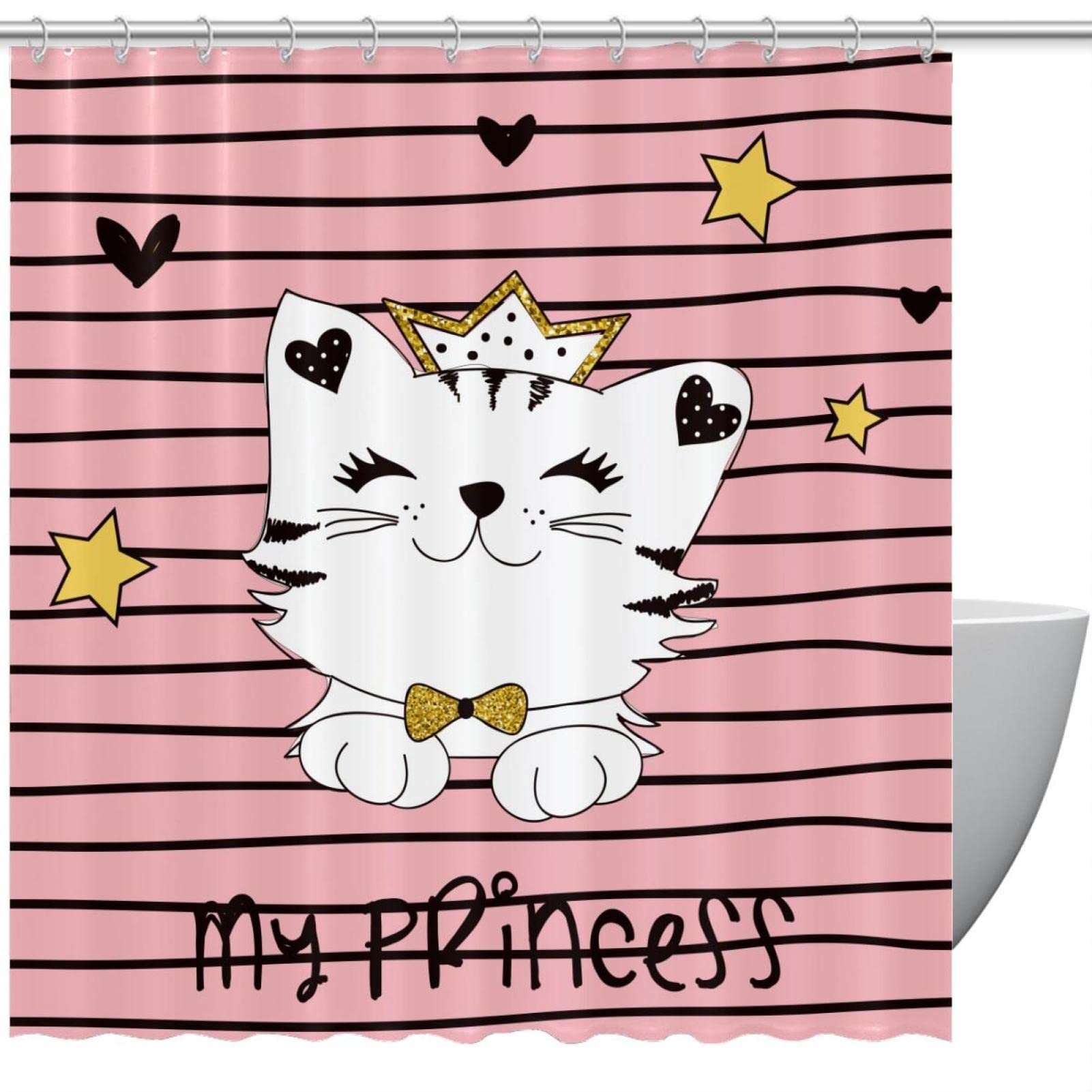 Rideau de douche chat princesse imperméable 168x183 cm pour baignoire chic
