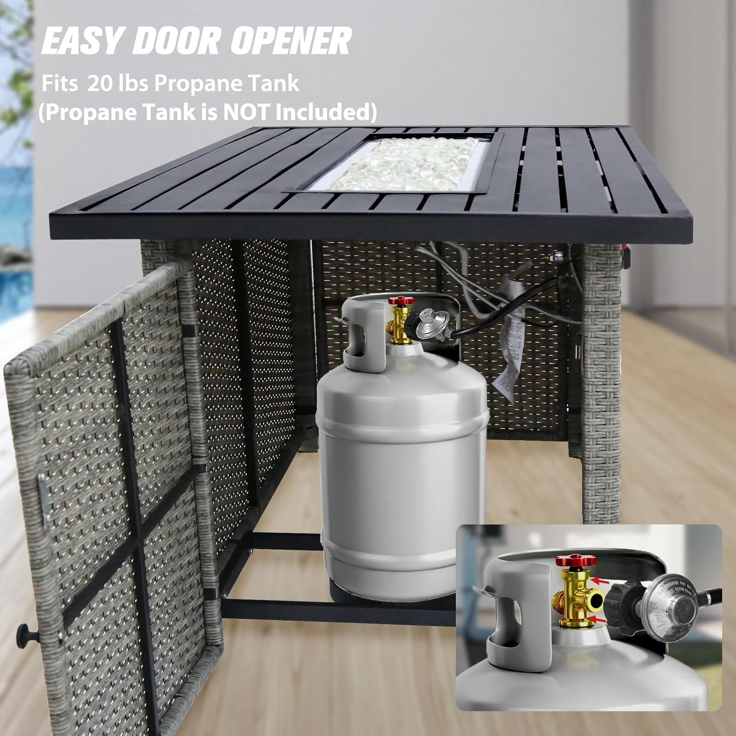 EAGLE PEAK 42'' Rectangular Propane Gas Fire Pit Table with Glass Beads， Wind Guard & Cover Storage, 50,000 BTU Outdoor Firepit Tabletop with Lid and Tank Compartment, Gray PE Rattan