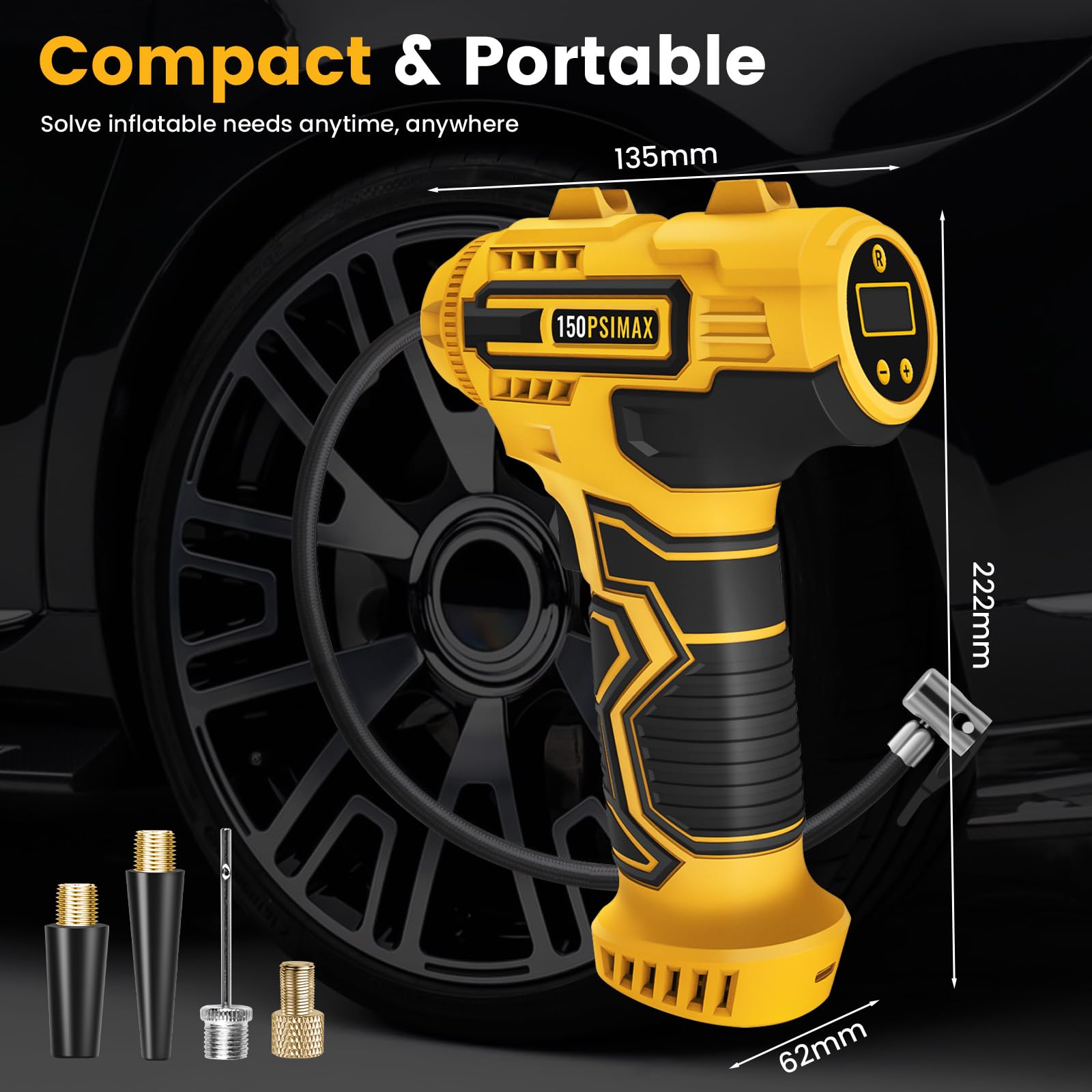 Skeufy Autoreifenfüller Luftkompressor, Tragbare Kabellose Reifenpumpe, 150psi Handheld Autoreifenpumpe mit LED-Licht, USB Wiederaufladbarer Akku, 3 Düsen, Elektrische Luftpumpe für Auto, Motorrad