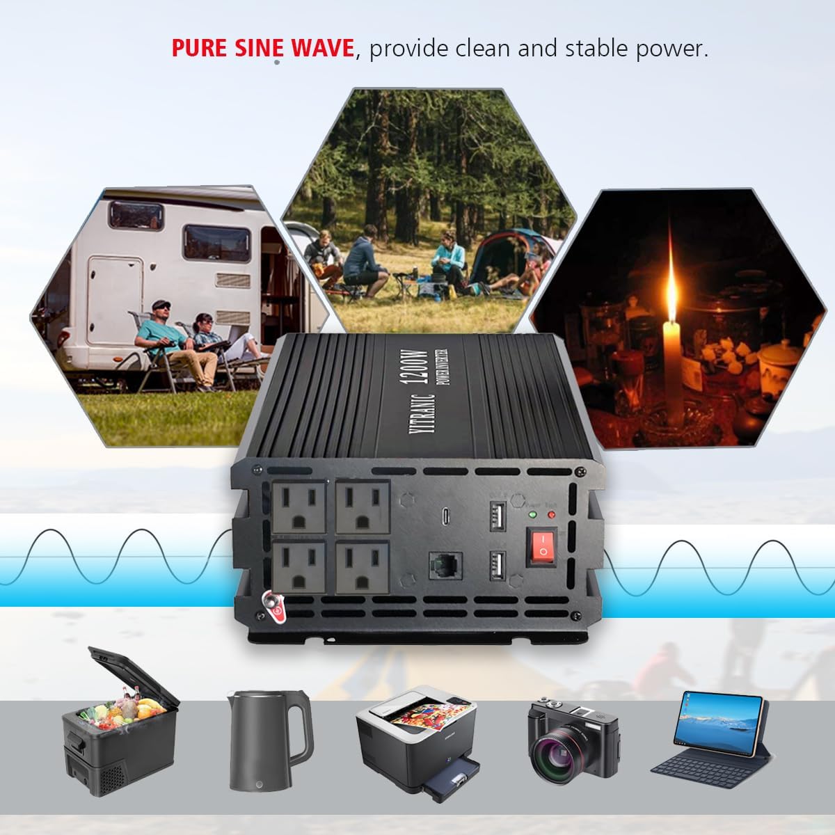 YITRANIC 1200W Pure Sine Wave Power Inverter DC 12 to AC 120V with ...