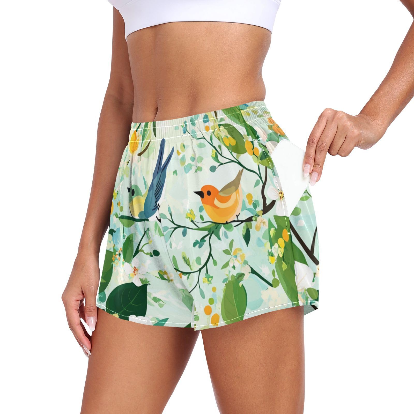 EtherSpher Spring Pear Blossom Birds Green Womens Athletic Shorts Ouick Dry Girls Soccer Shorts for Running Yoga Sports Beach Shorts para Mujer L