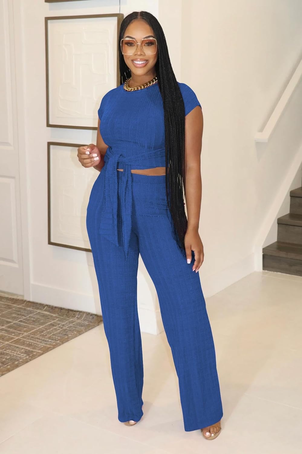 HBQ Women's Summer 2 Piece Outfits Lounge Sets Short Sleeve Belted Crop Tops Wide Leg Pant Sets Casual Tracksuit-Blue-XXL - Image 2