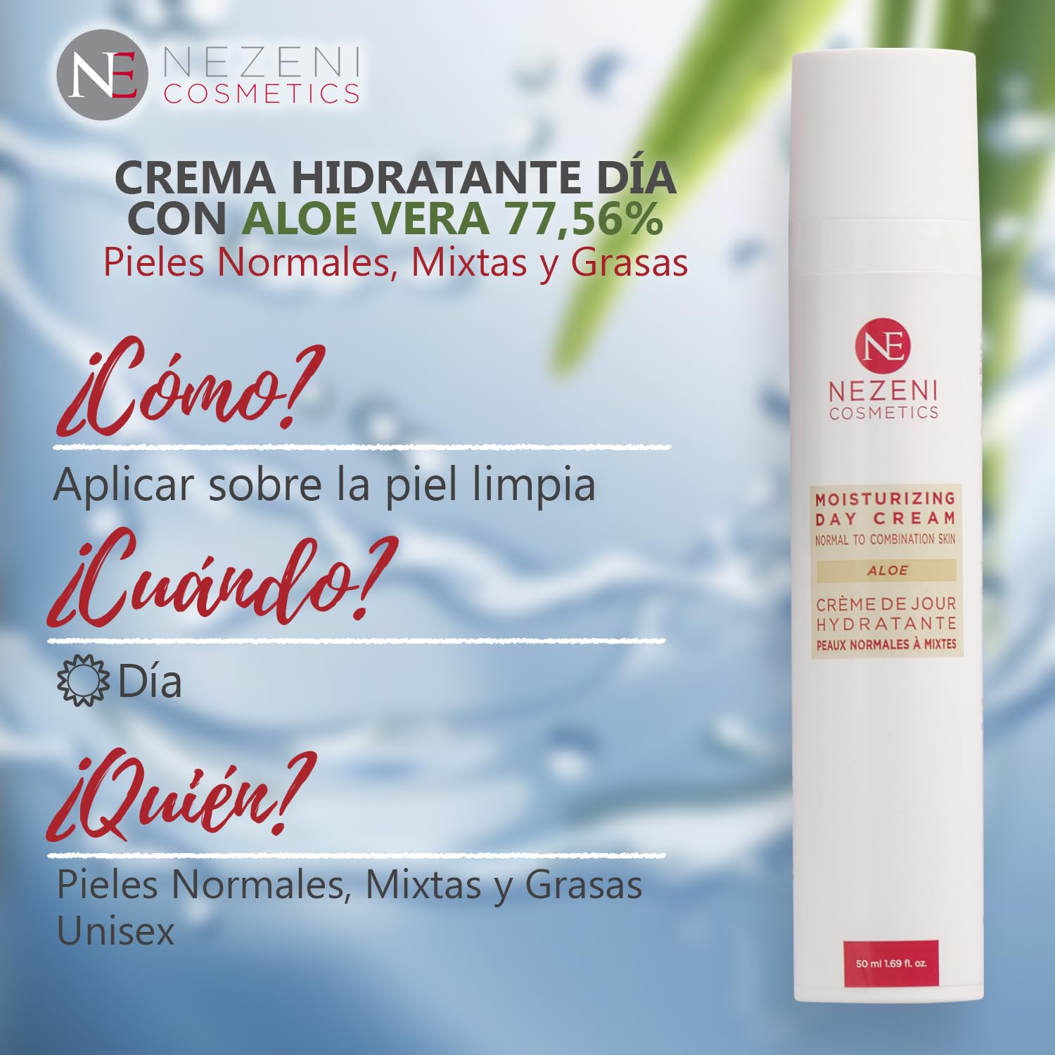 Nezeni Crema Hidratante Facial Aloe Vera 77,56% | 17 Principios Activos | Aumenta Elasticidad de la Piel | Crema Facial Día Para Piel Normal, Grasa y Mixta BAJA EN CONSERVANTES