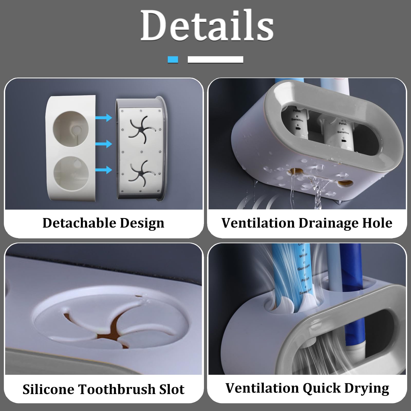 Portaspazzolino Elettrico Senza Foratura - 2 Scomparti Con Fori Di Drenaggio, Nero - Foto 5