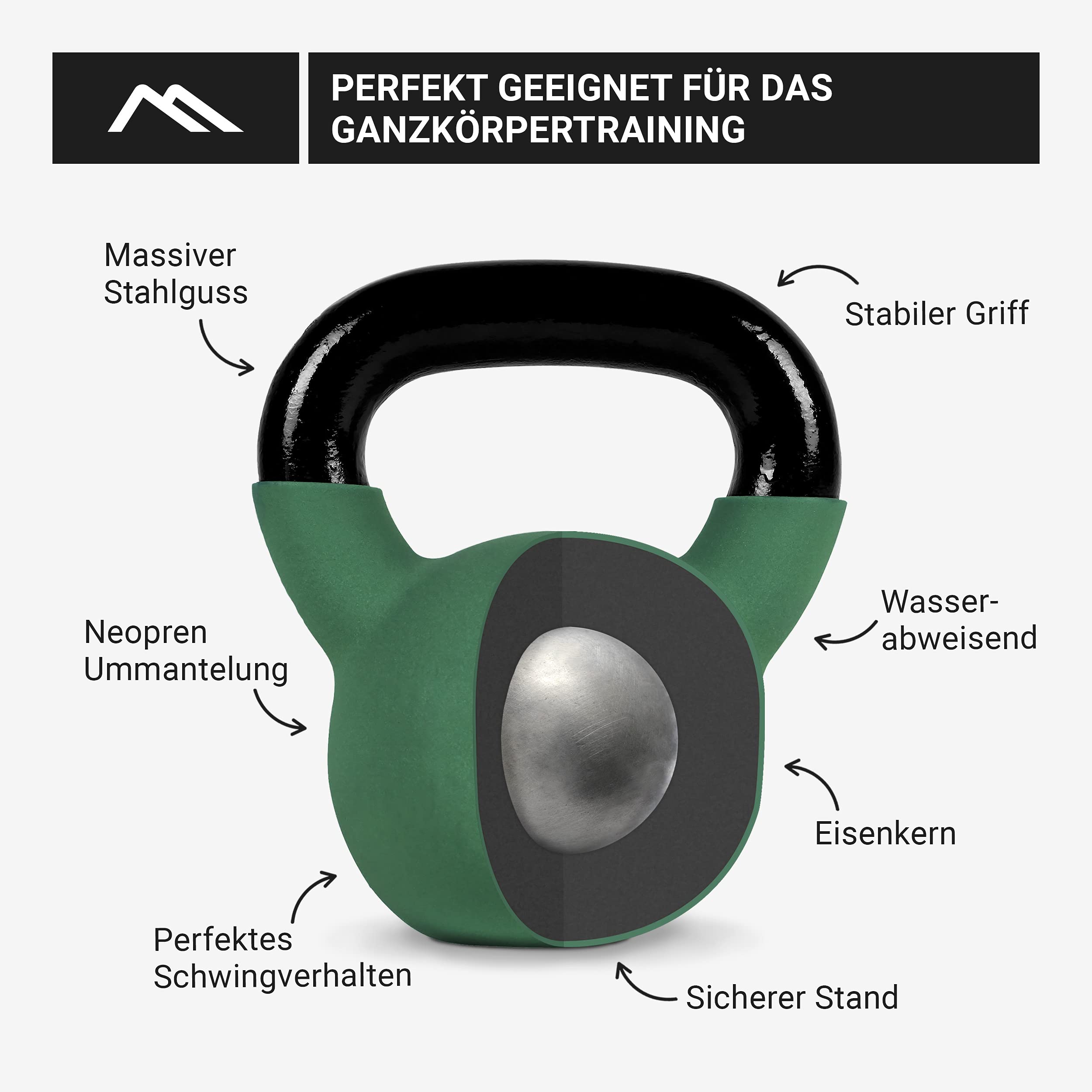 MSPORTS profesjonalne, neoprenowe hantle kettlebell, 2-30 kg, w zestawie Plakat z ćwiczeniami, hantle kettlebell 28 kg - Olivgrün