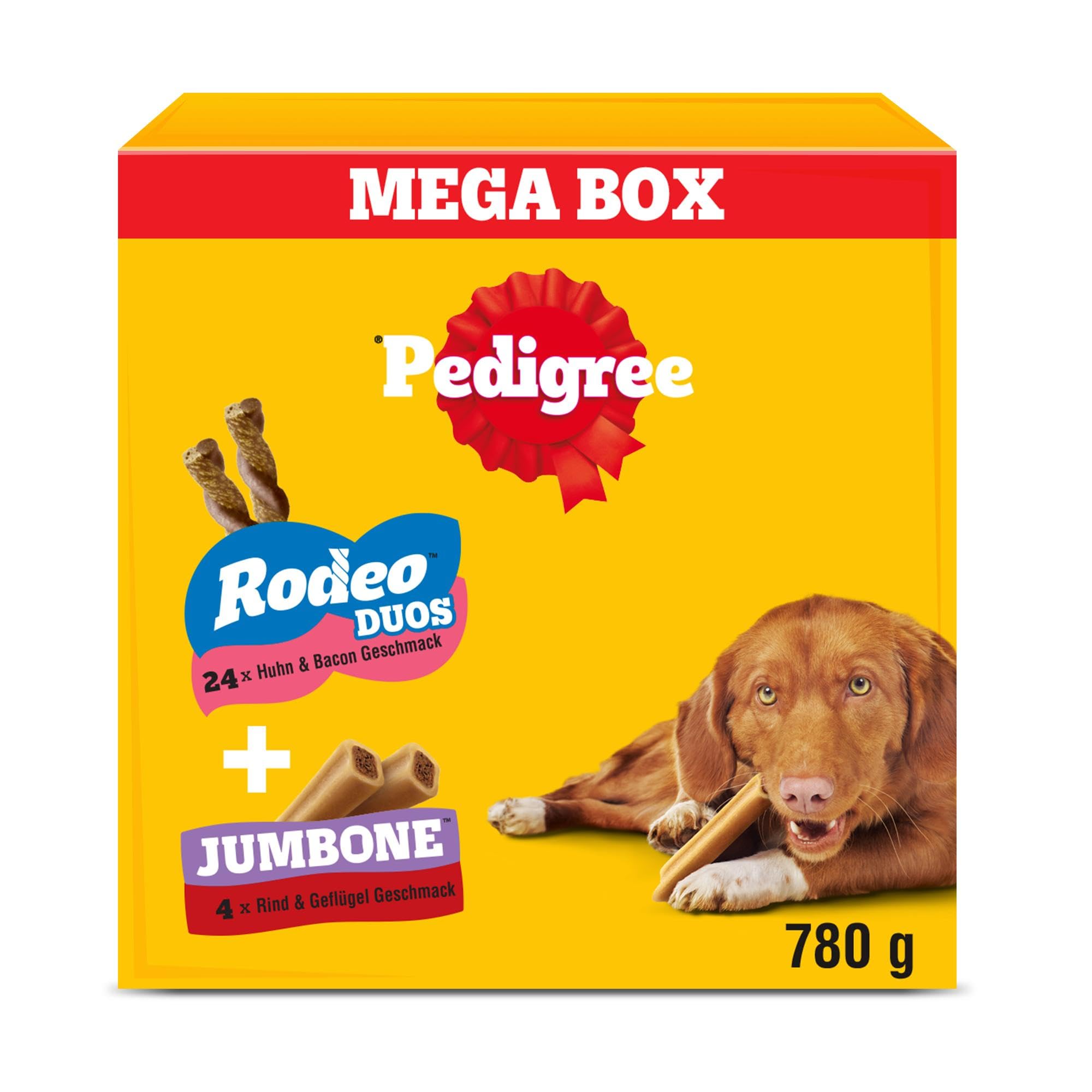 Pedigree Multipack 780 g mit 24 Rodeo Duos Huhn & Bacon Geschmack, 4 Jumbone Rind & Geflügel Geschmack