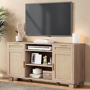 DWVO TV Stand for TVs up to 65 Inch, Entertainment Center with Storage, Boho TV Media Console with 2 Drawers, Rattan Door Cabinets, Adjustable Shelf for Living Room (Natural Oak)